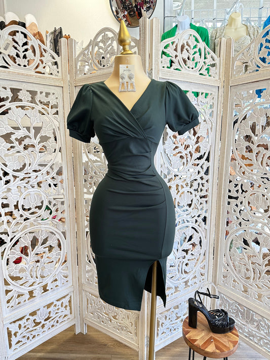 Sage Puff Sleeve Cross Front Dress