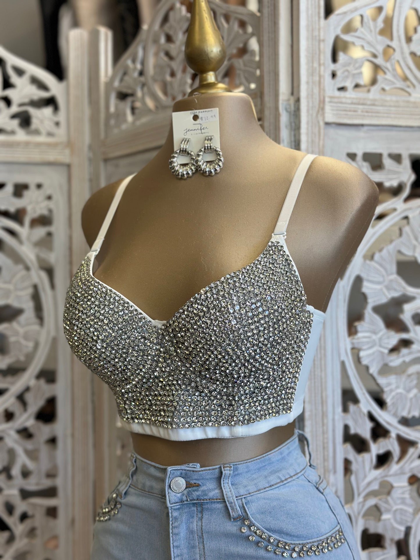 White Rhinestone Bralette Top