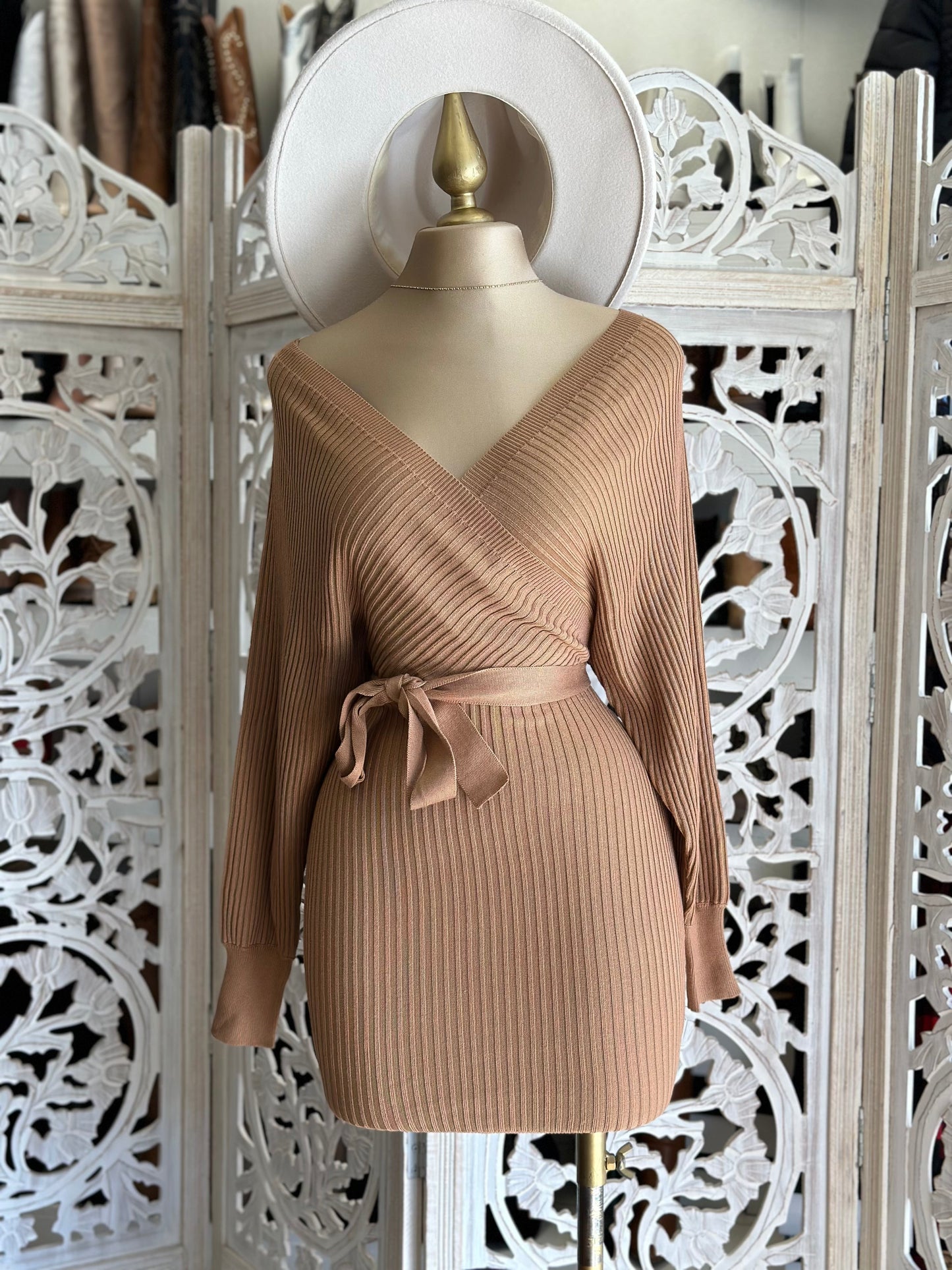 Camel Brown Wrapped Sweater Dress with Belt