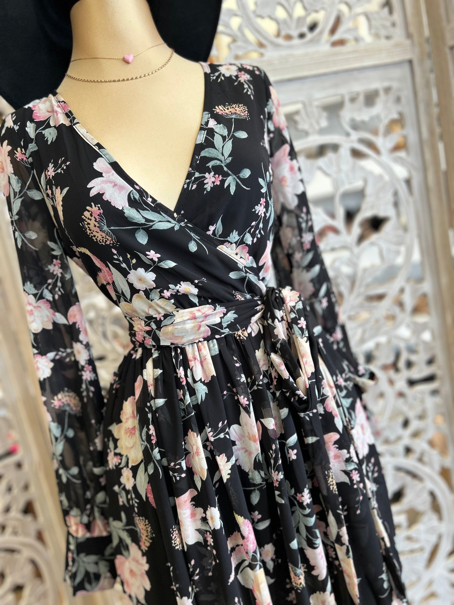 Black Floral Wrapped Maxi Dress- Slightly Stretchy