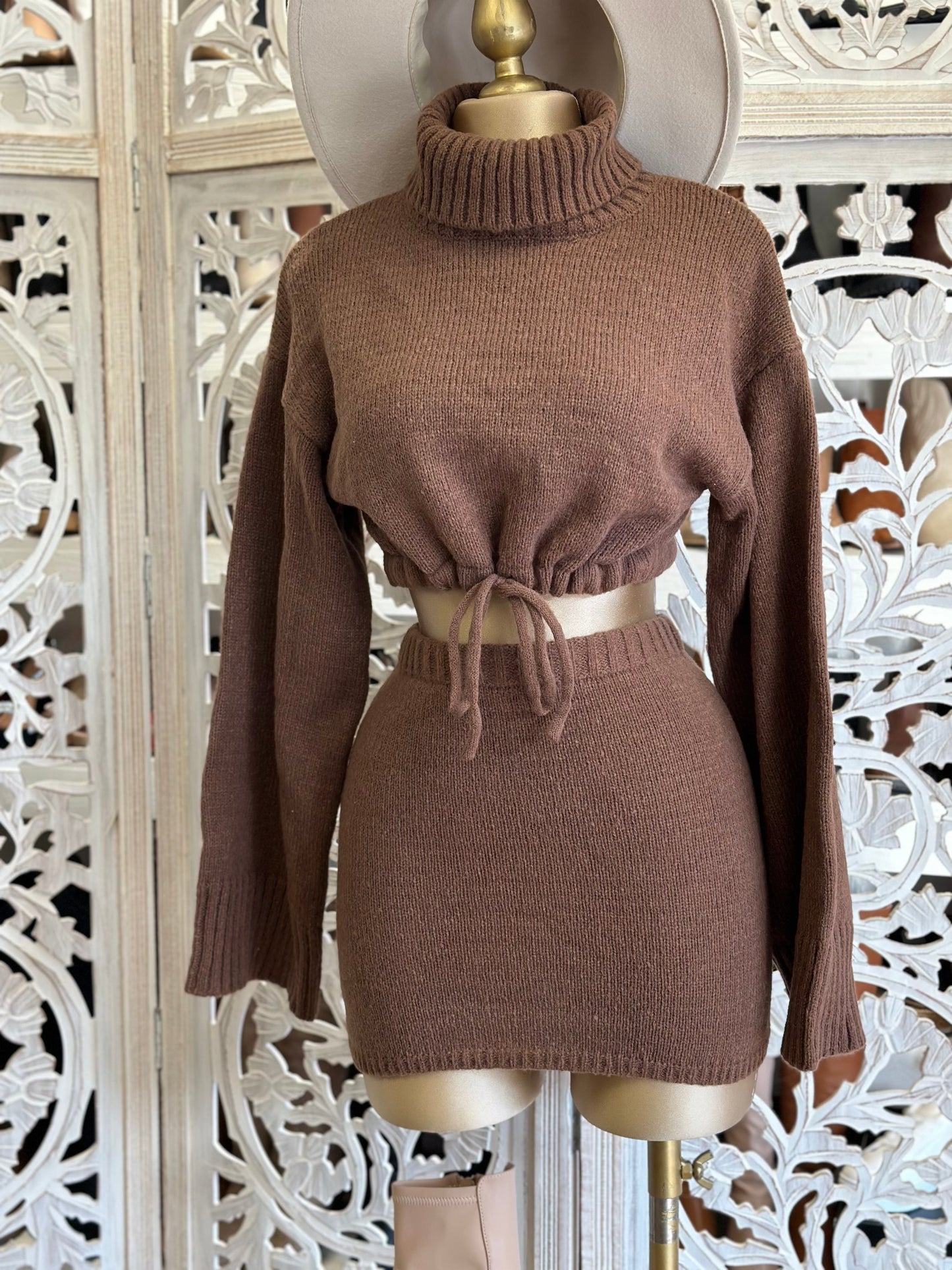 Brown Knit Turtleneck Set