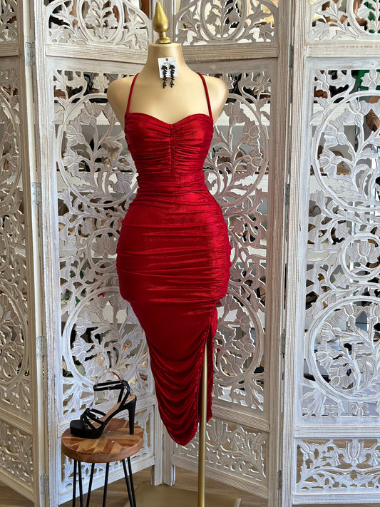 Red Ruched Midi Tie Back Dress