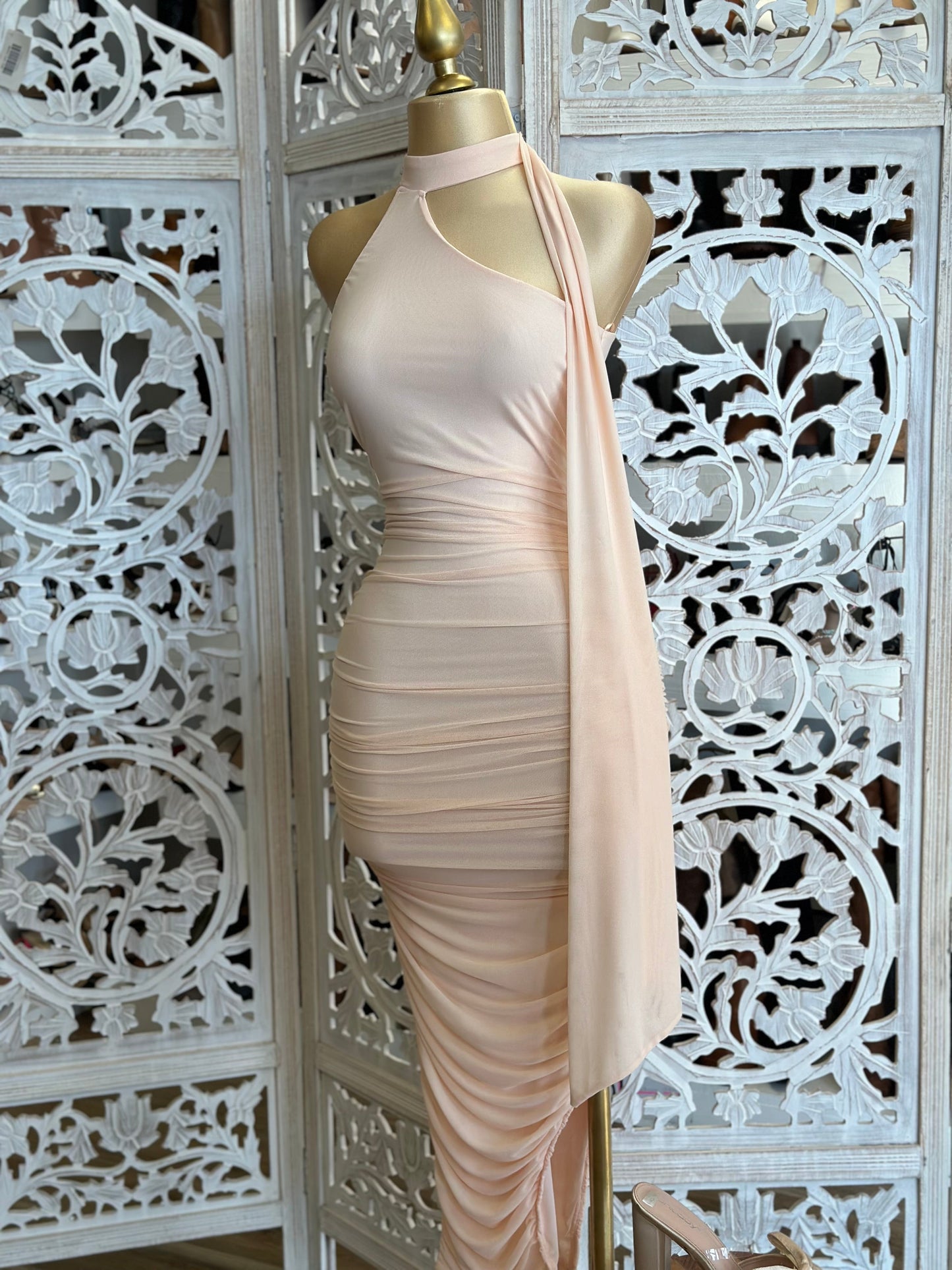 Light Pink Mock Neck Midi Dress- Stretchy