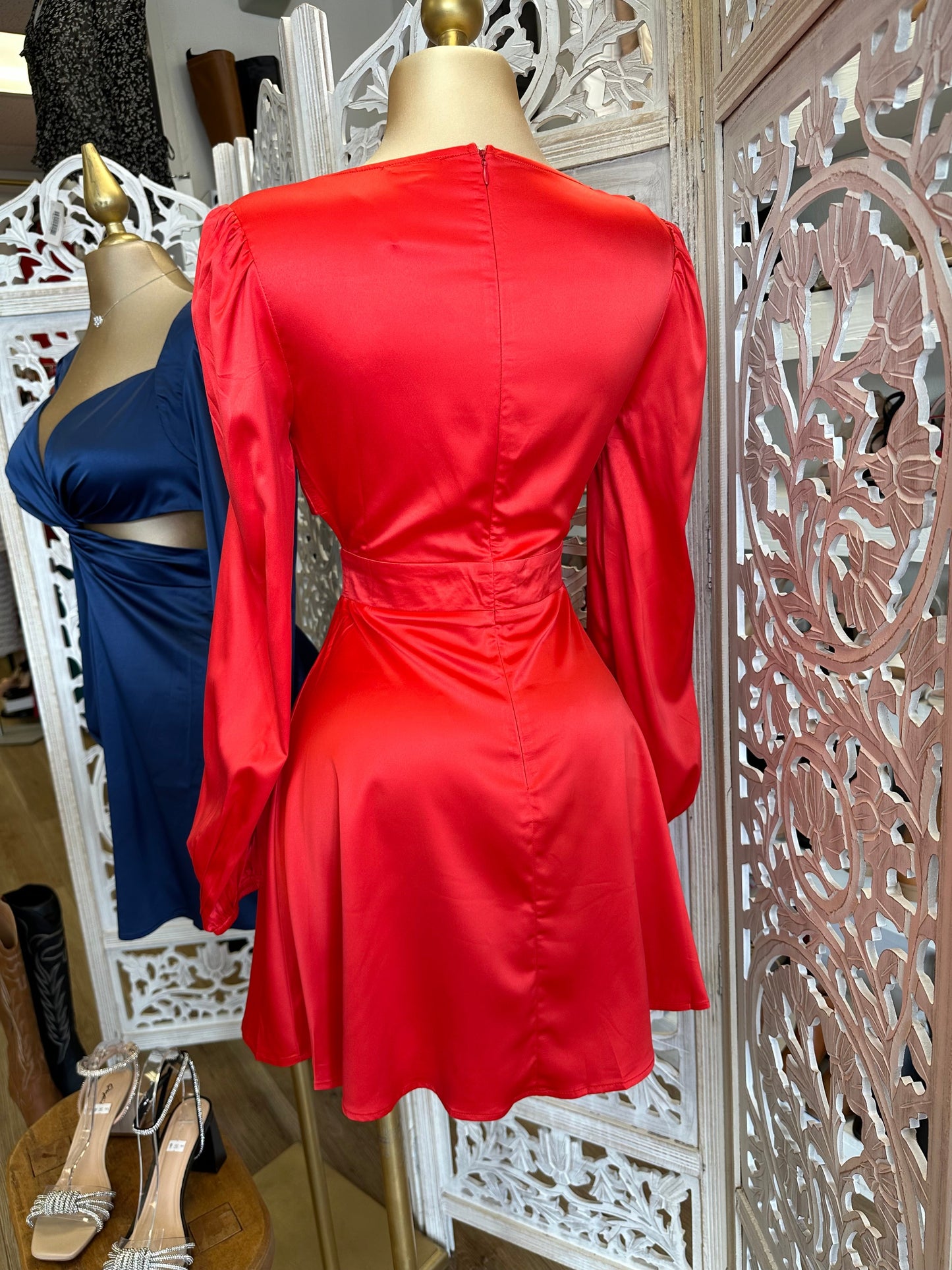 Satin Cutout Knotted Dress- Slightly Stretchy