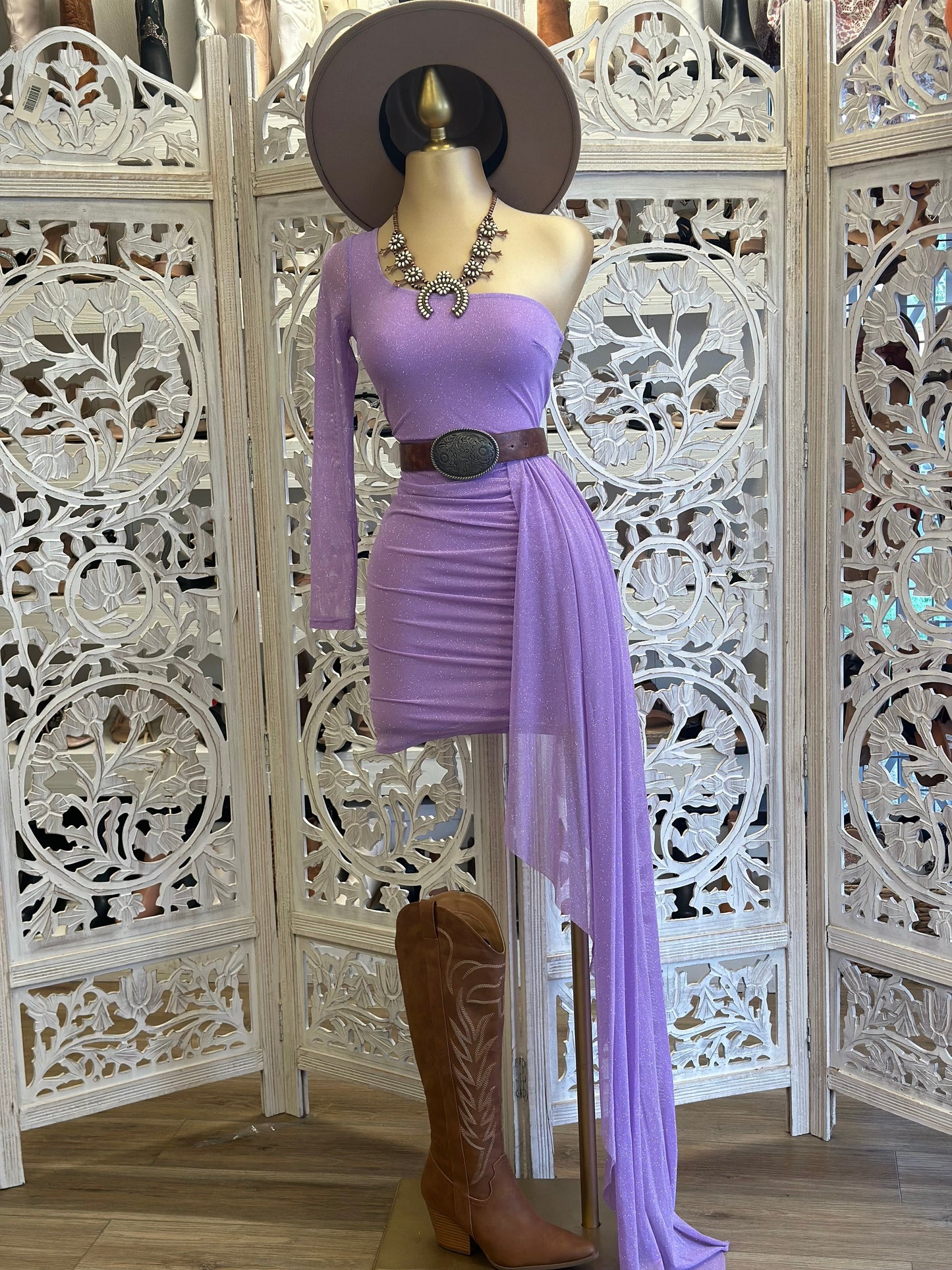 Glitter Purple Off Shoulder Tailed Dress- Stretchy