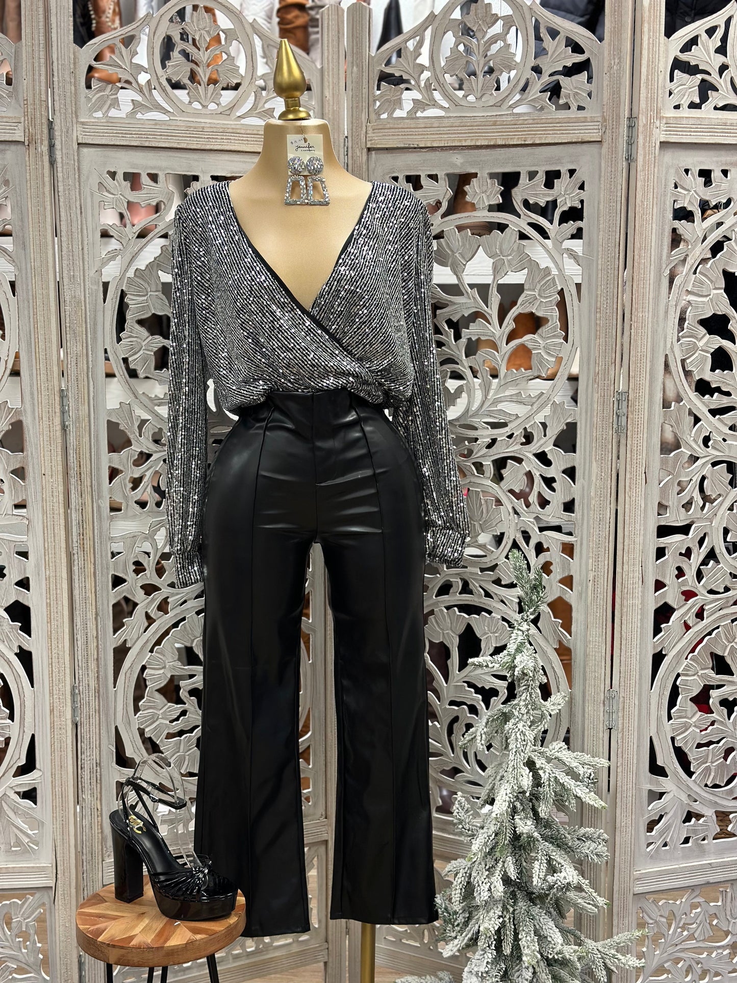 Silver and Black Wrapped Sequin Blouse