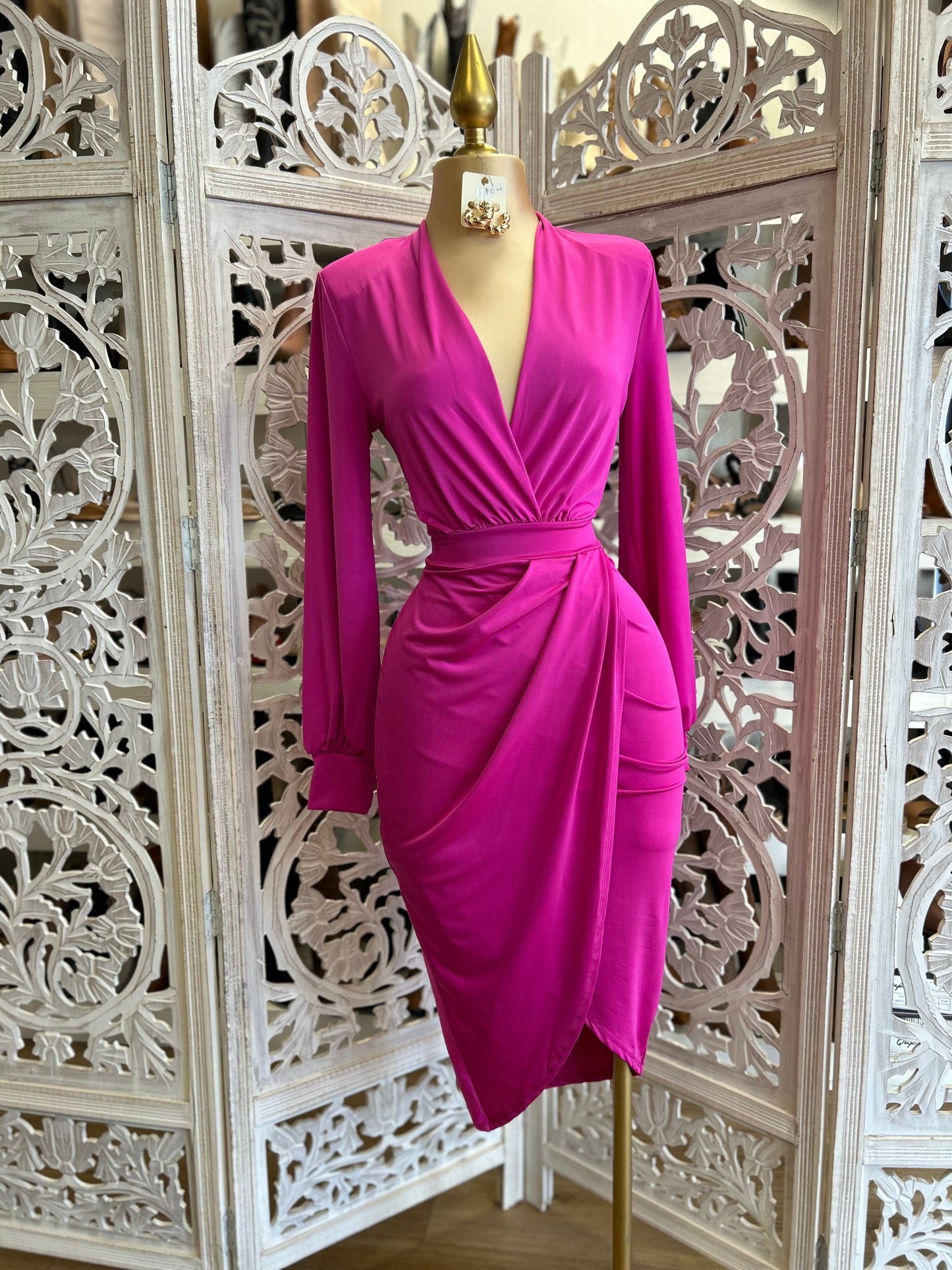 Fuchsia Draped Midi Dress- Very Stretchy