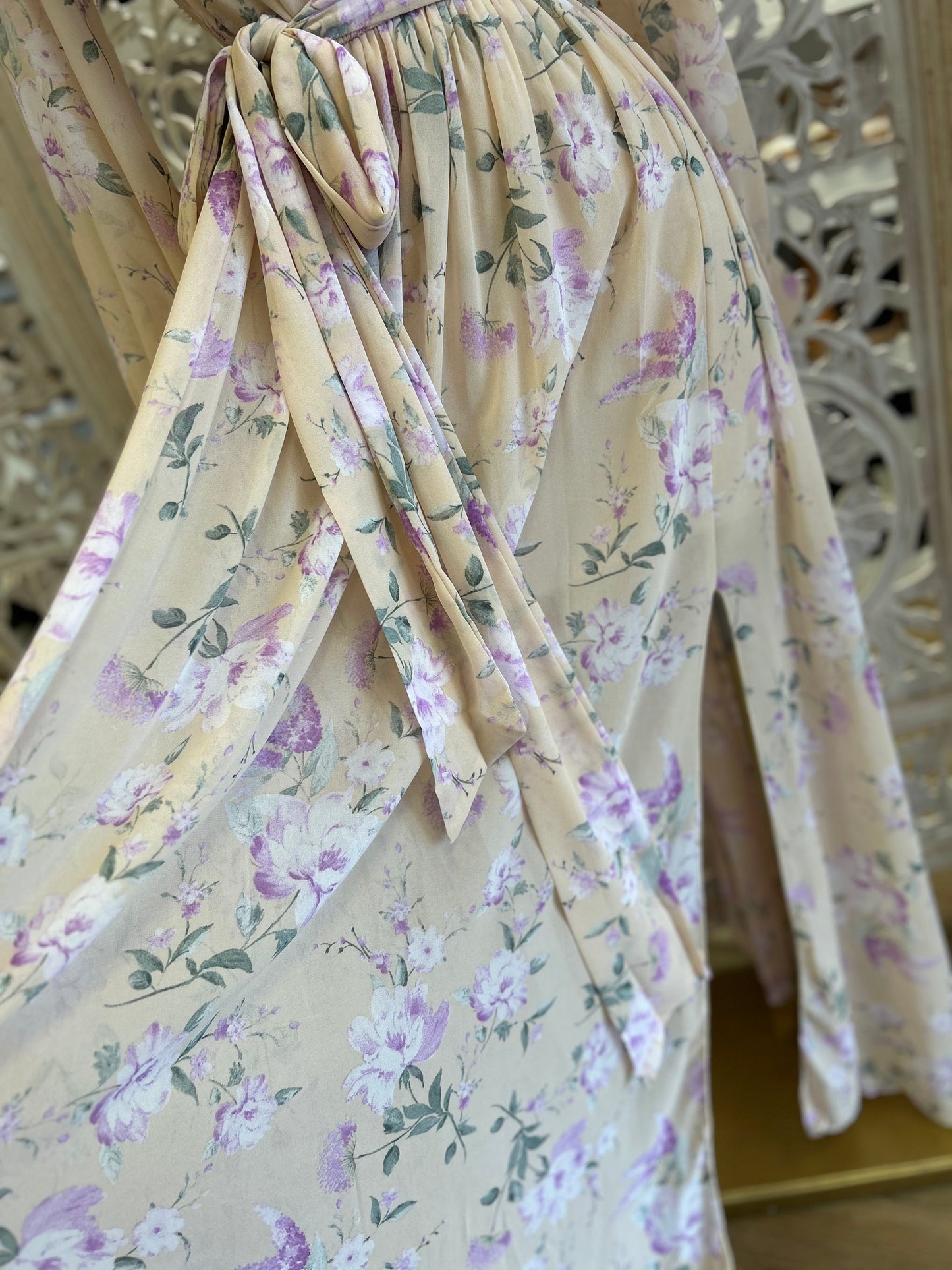 Beige Floral Wrapped Maxi Dress- Slightly Stretchy