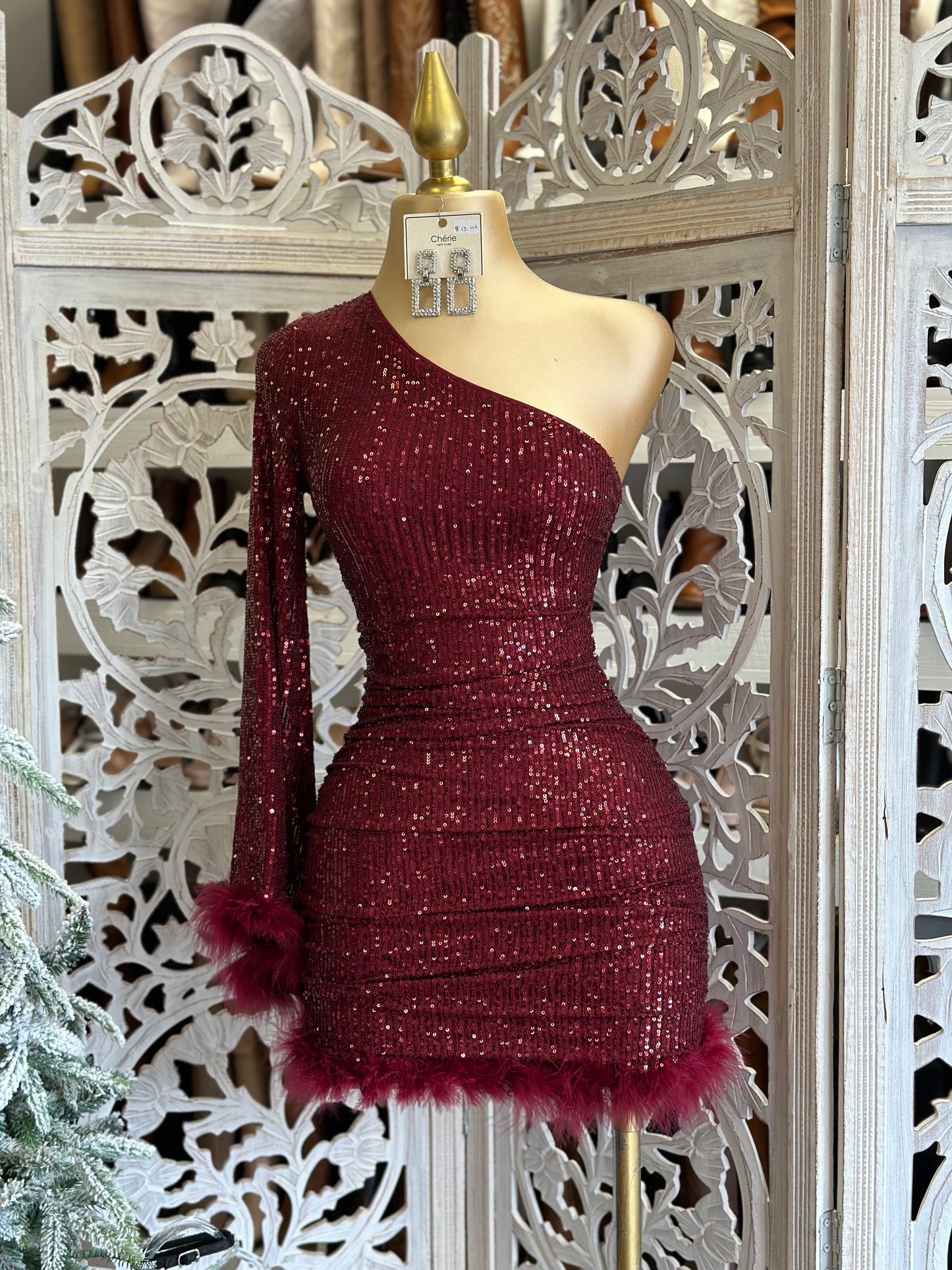 Burgundy Sequin Feathered Dress