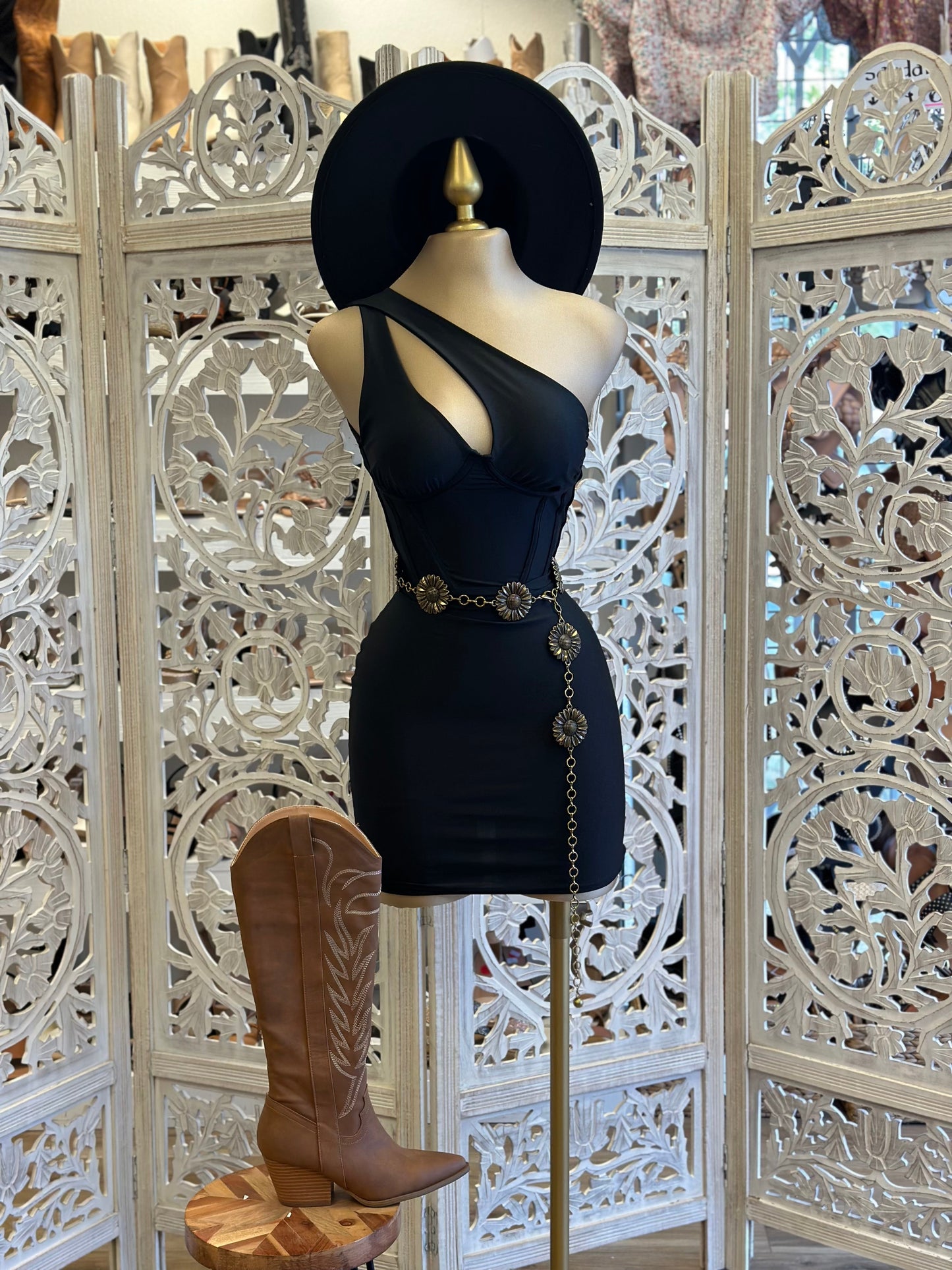 Cutout One Sleeve Black Corset Dress