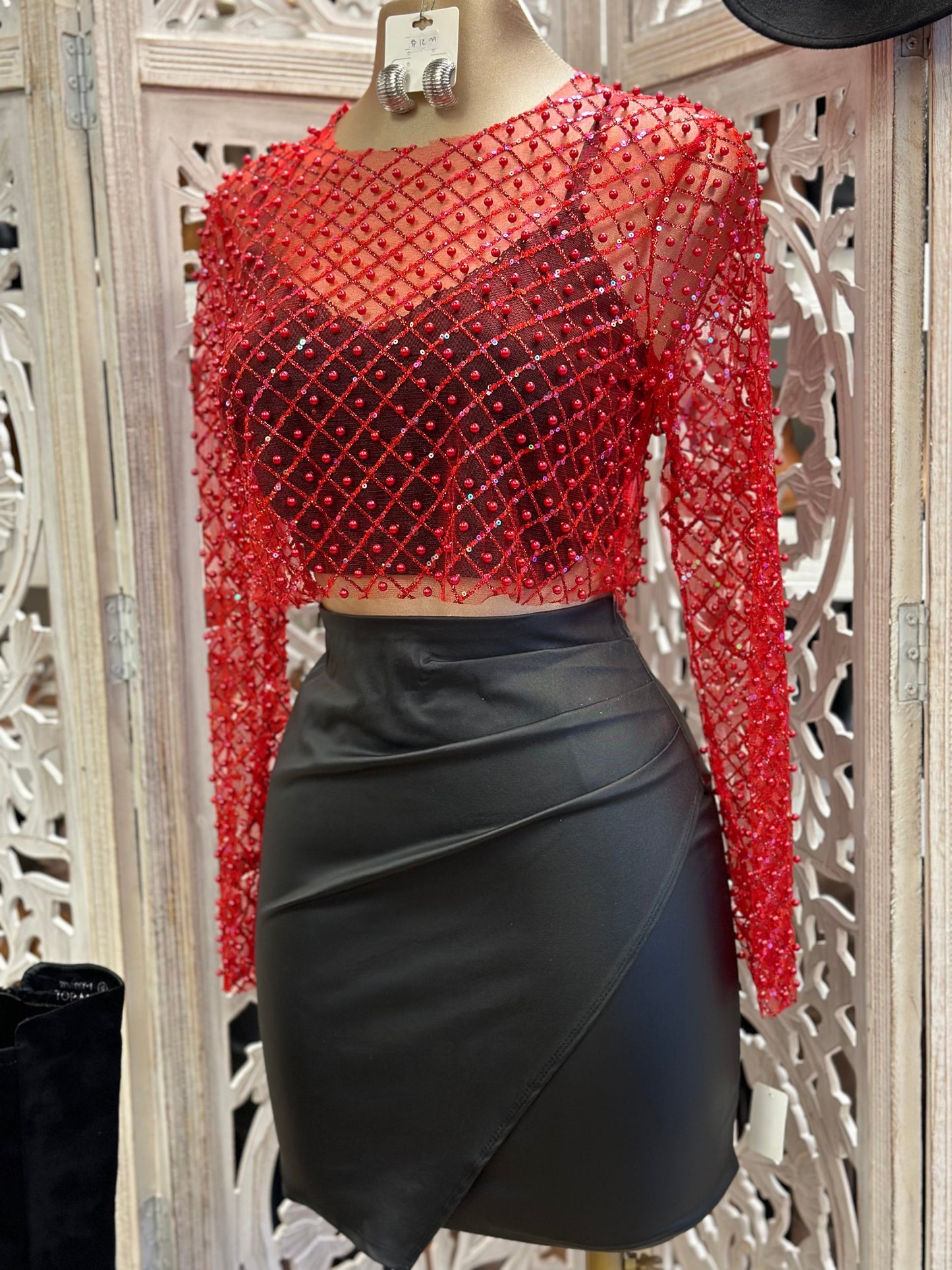 Red Mesh Rhinestone Design Blouse