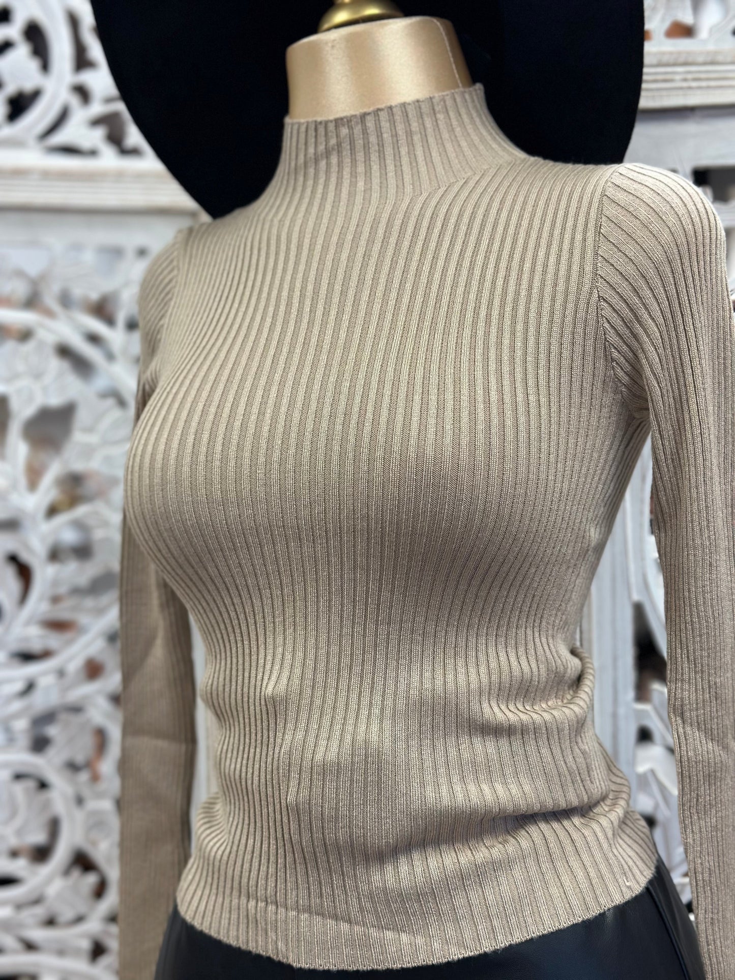 Beige Ribbed Mock Neck Blouse