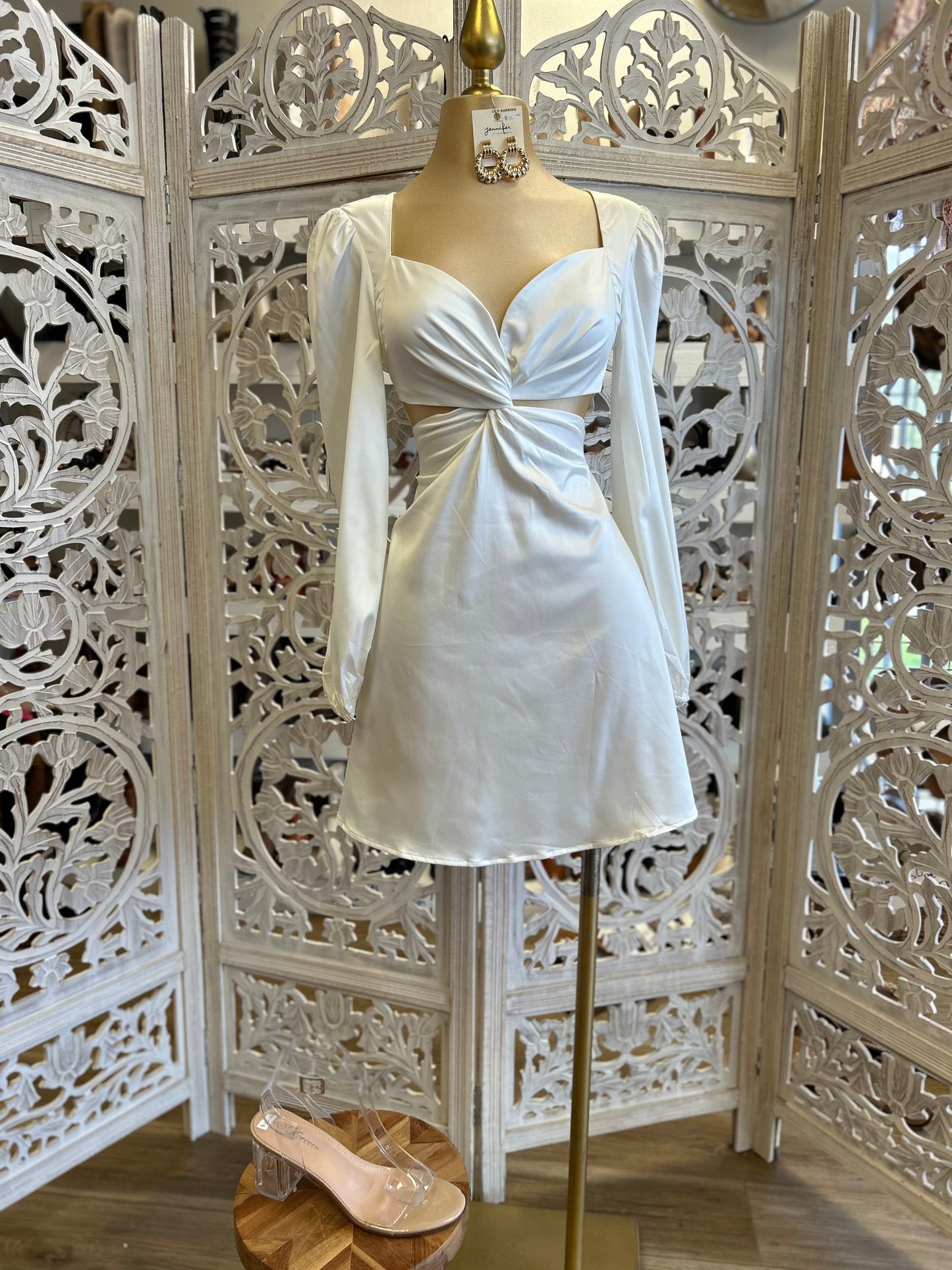 White Satin Cutout Knotted Dress- Slightly Stretchy