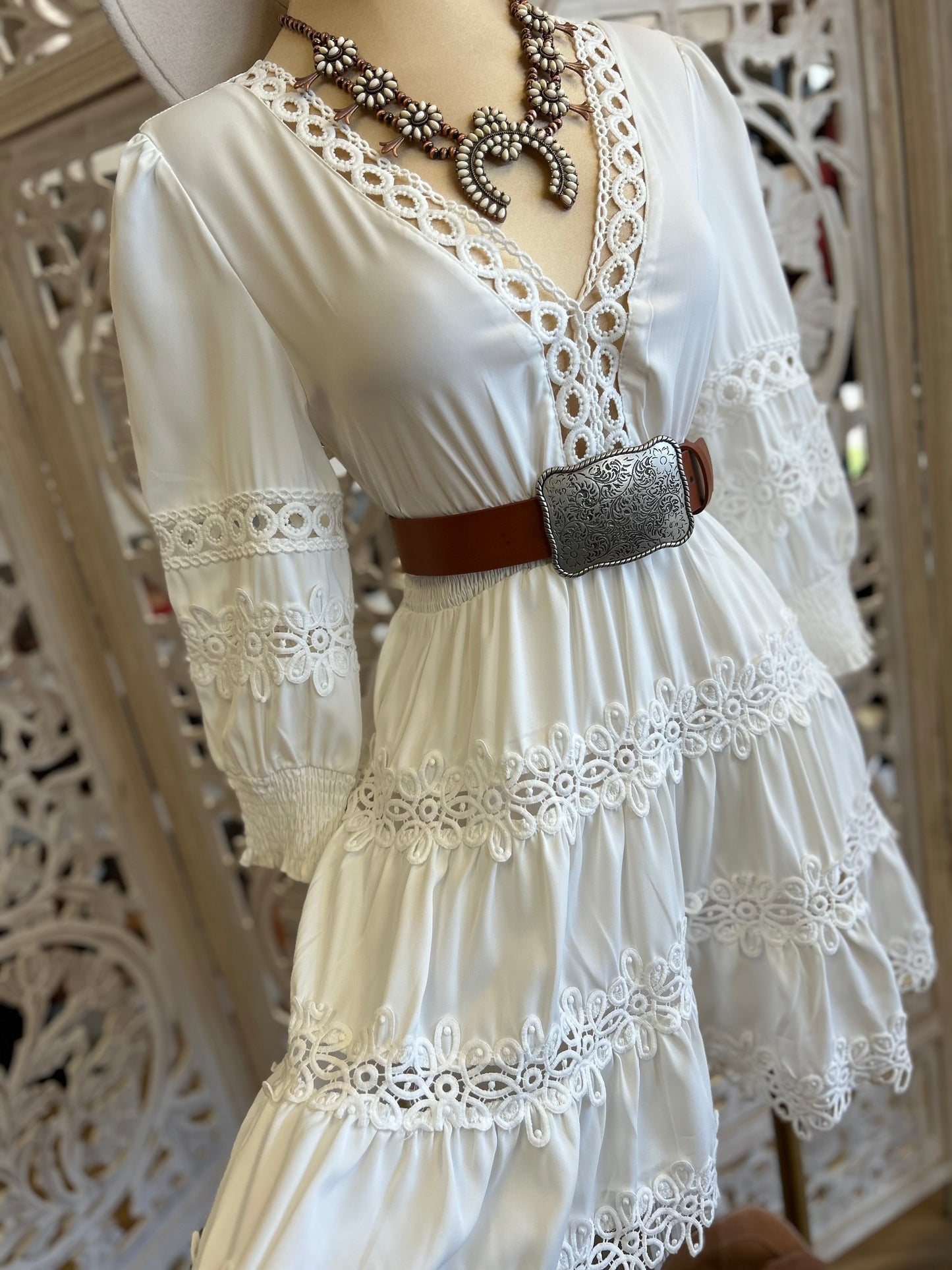 Crochet Trimmed White Dress- Stretchy