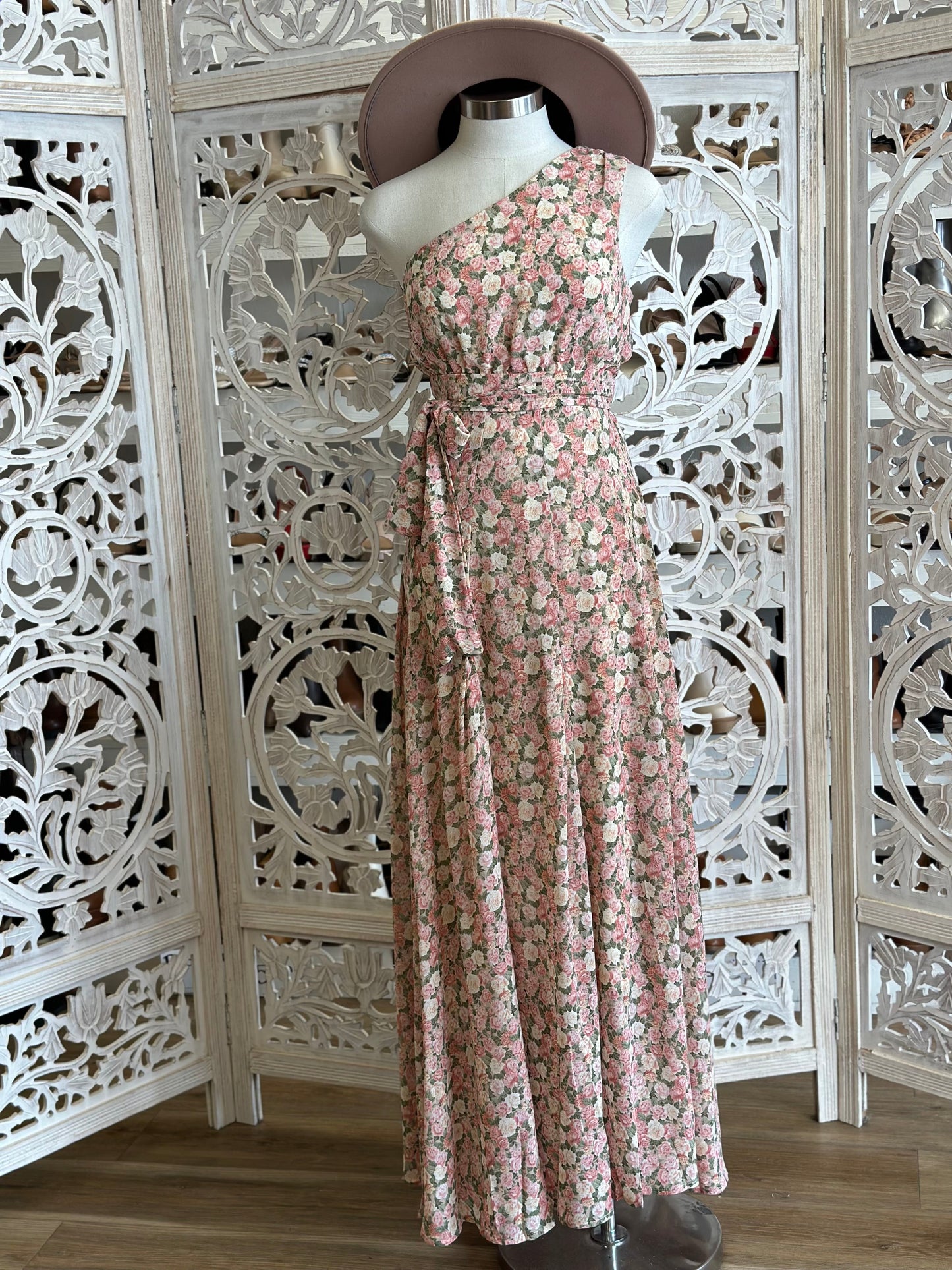 One Sleeve Pink Floral Maxi Dress- Not Stretchy