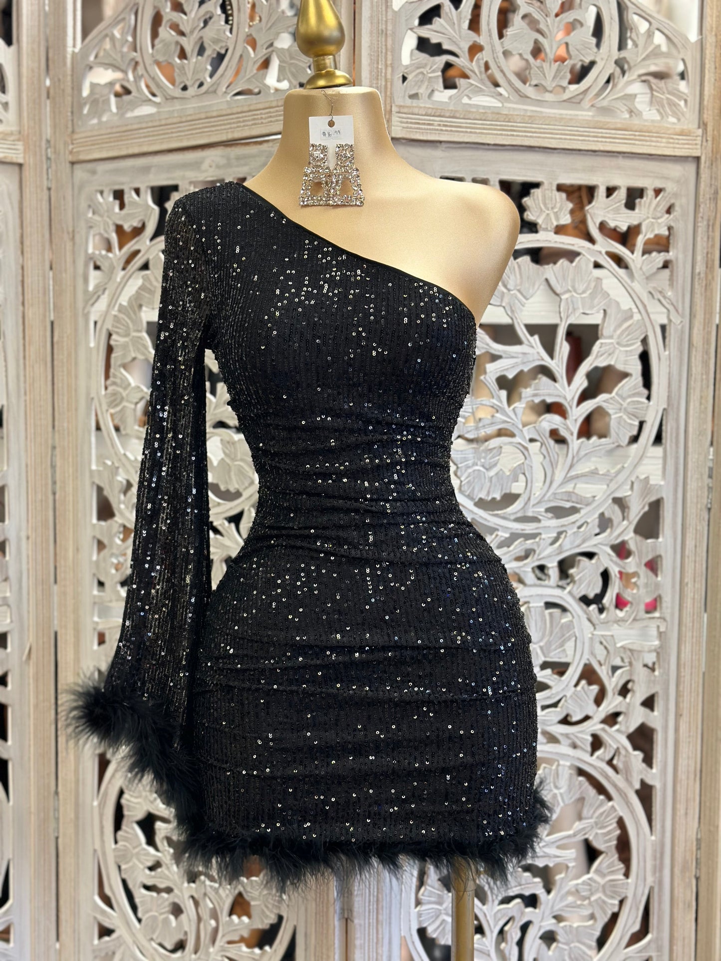 Black Sequin Feathered Dress