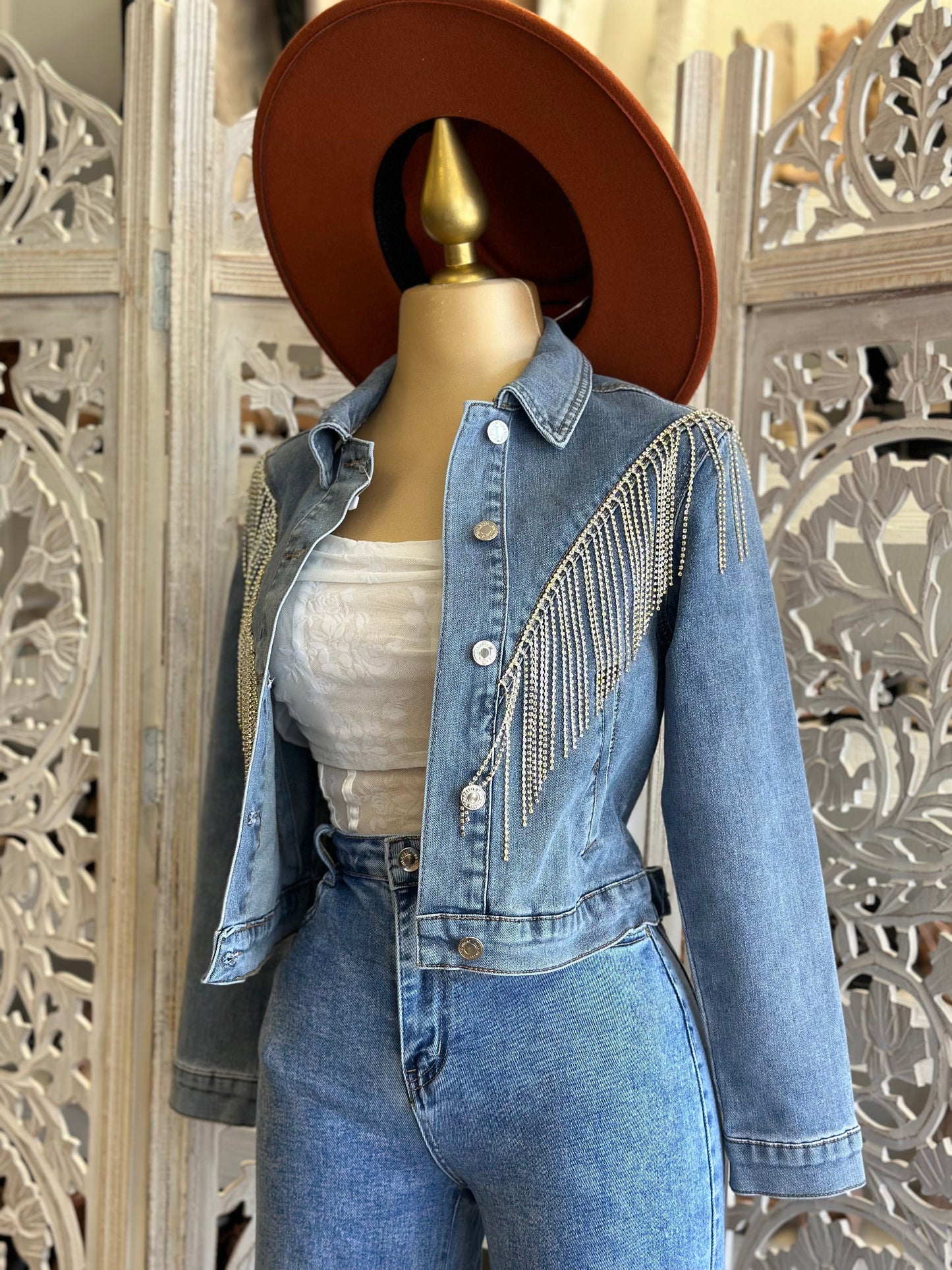 Rhinestone Fringe Denim Jacket- Stretchy