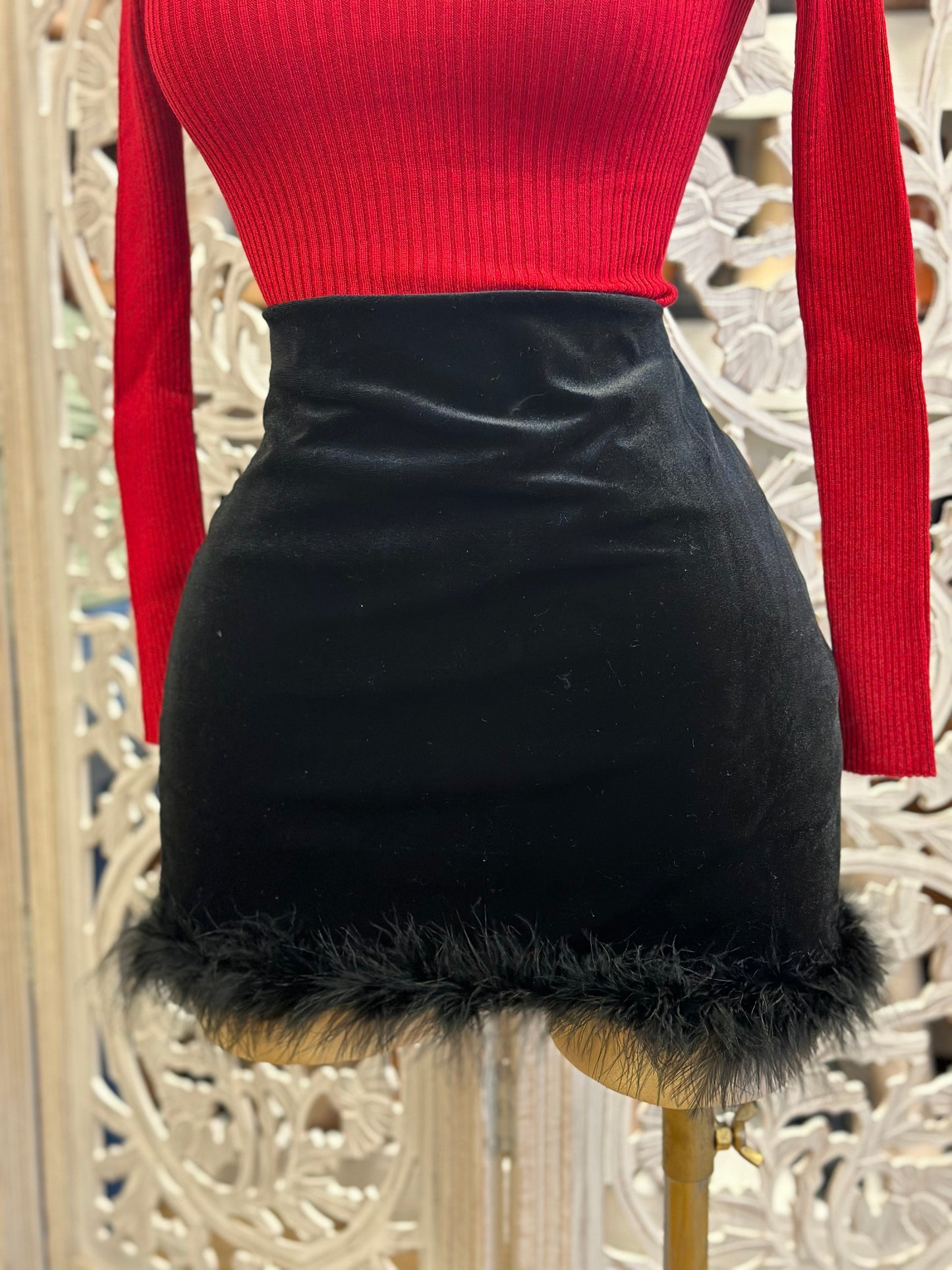 Black Feathered Suede Skirt