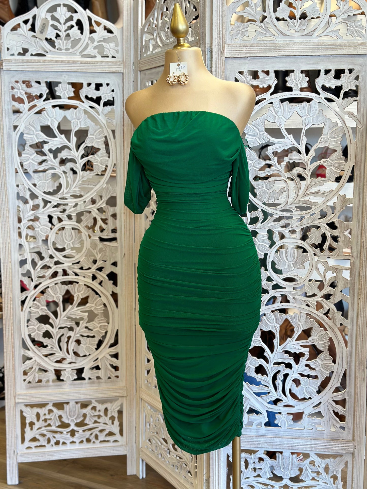 Green Off Shoulder Midi Ruched Dress- Stretchy