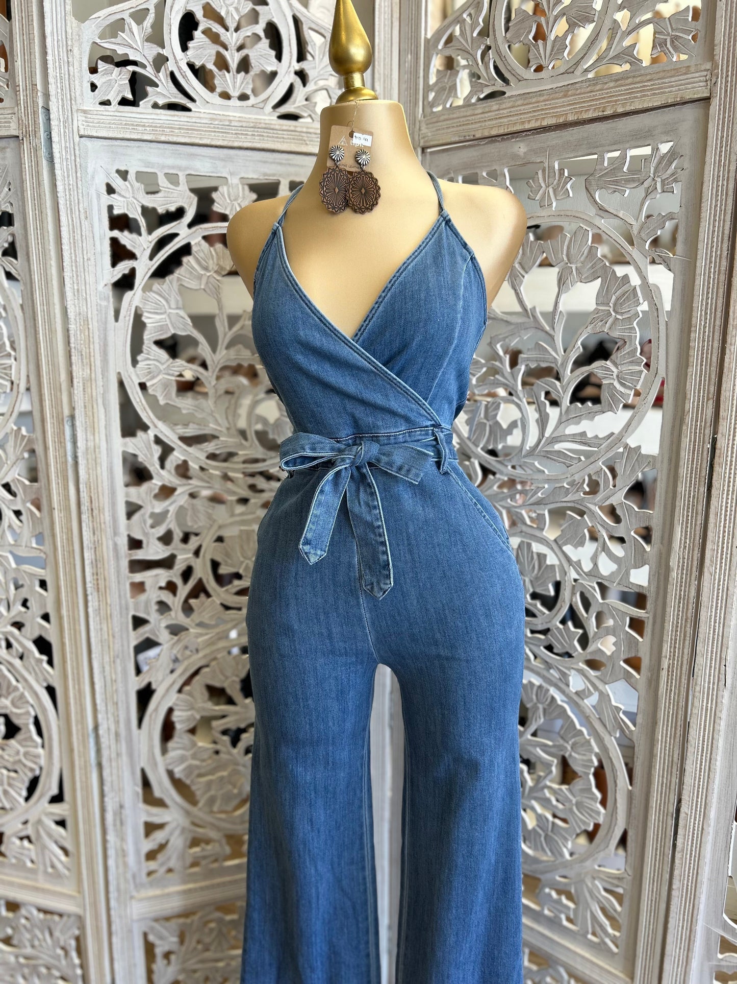 Denim Flare Backless Jumpsuit- Slightly Stretchy