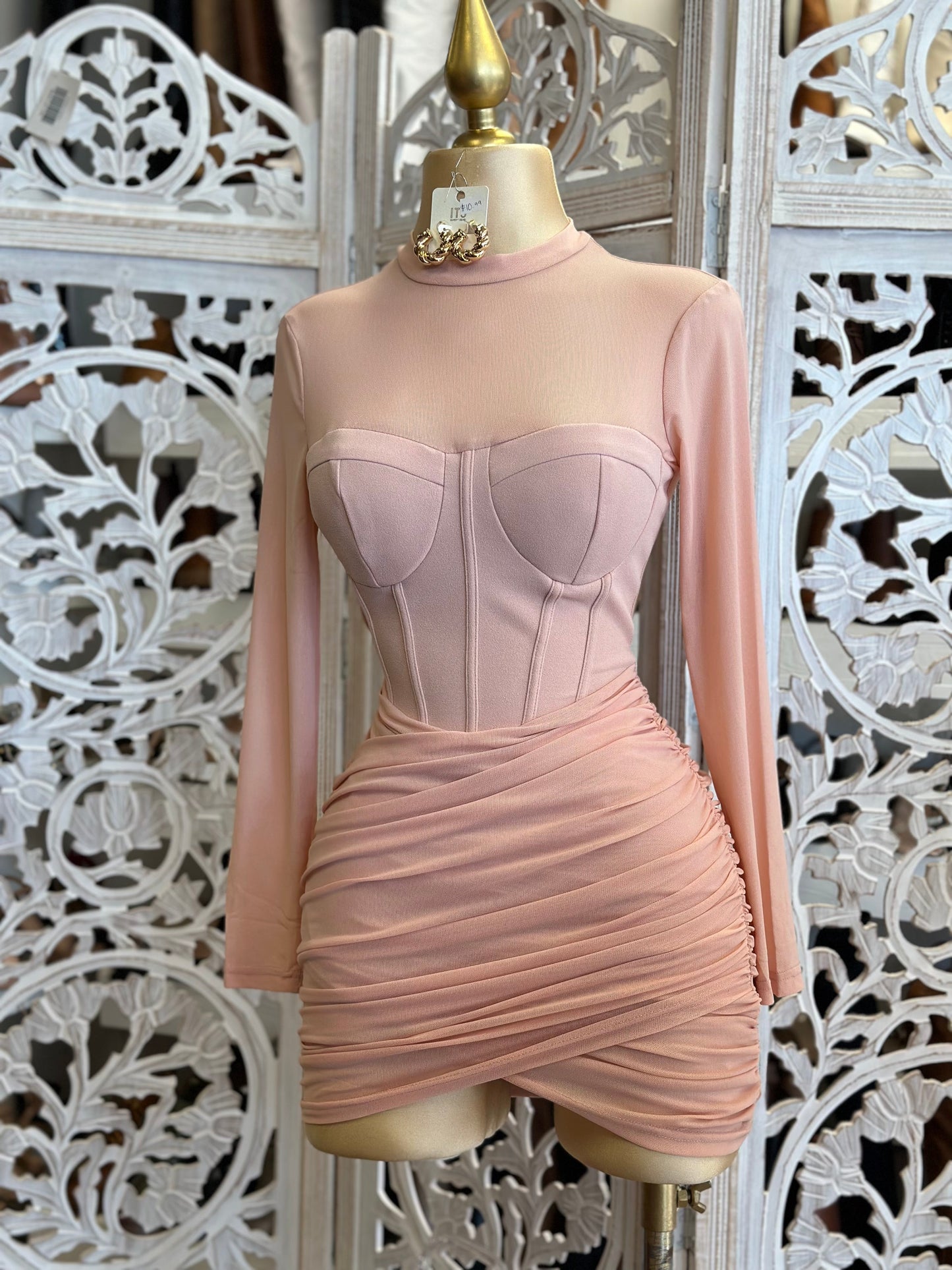 Light Pink Mock Neck Mini Corset Dress- Stretchy