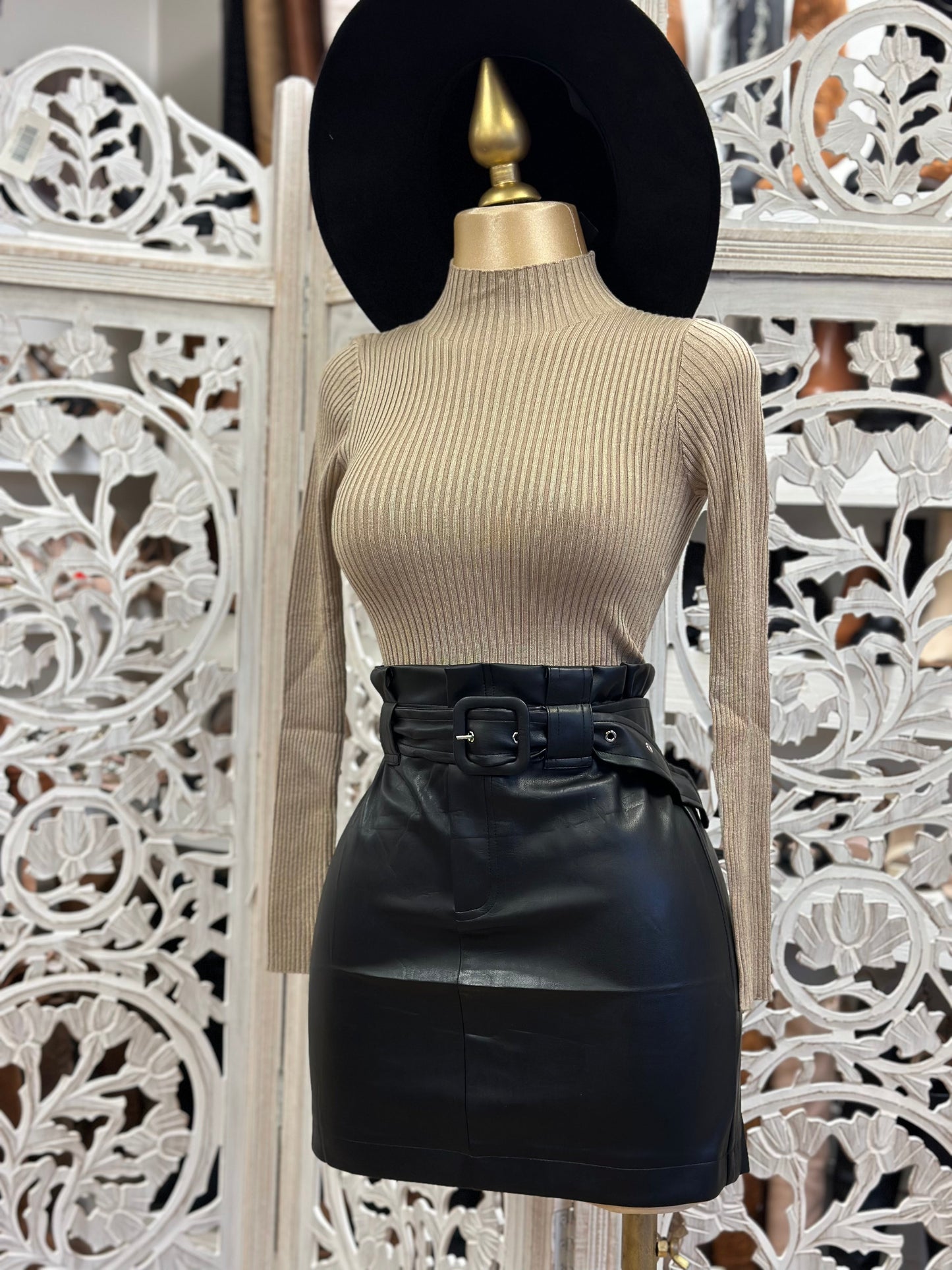 Black Faux Leather Skirt With Bel