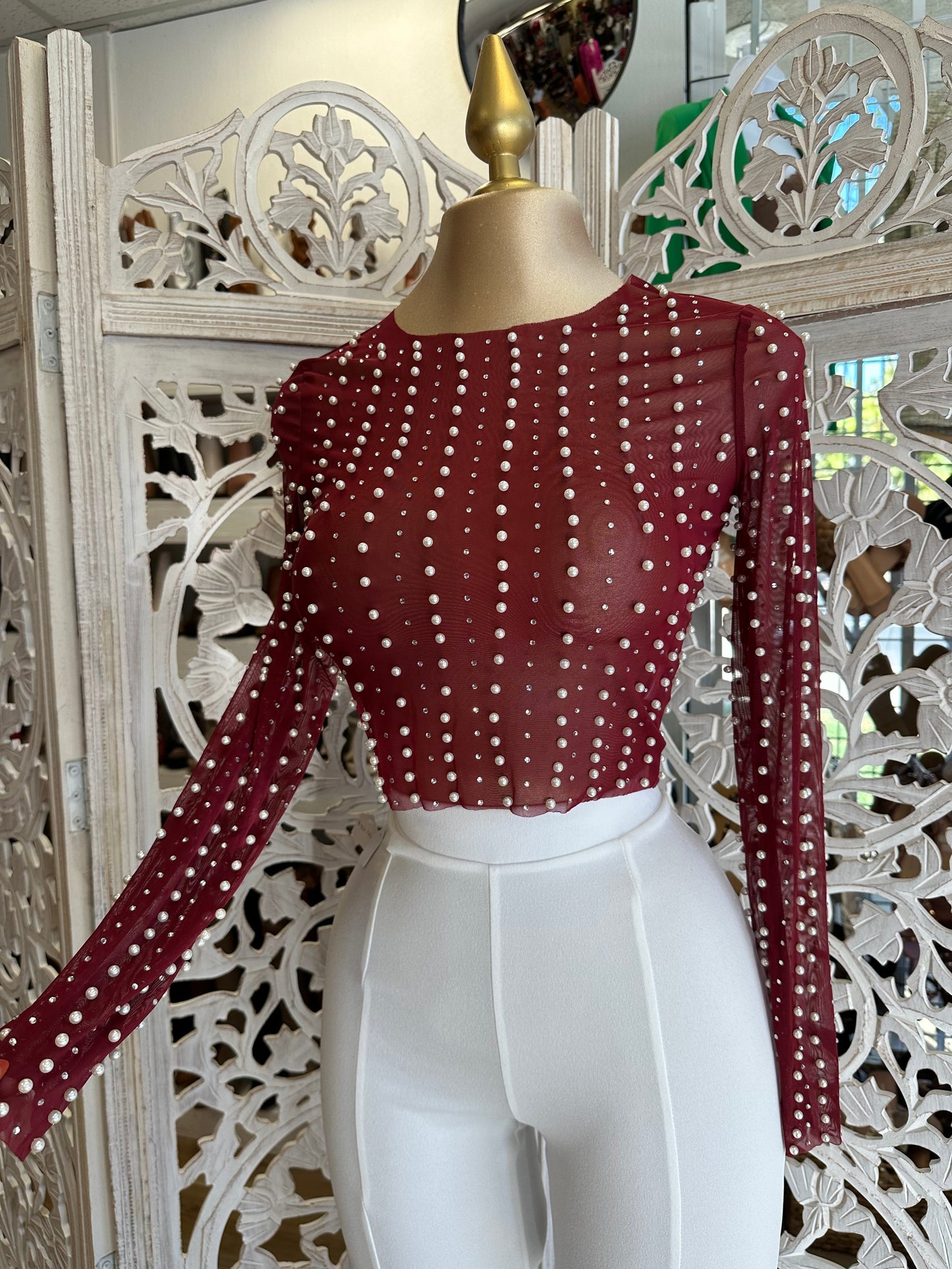 Burgundy Mesh Pearl Long Sleeve Top