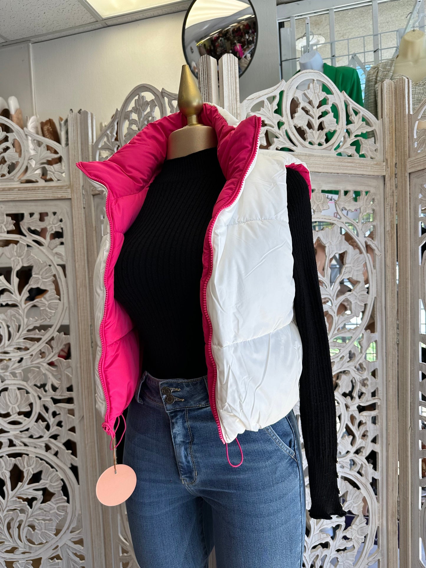 Double Color Hot Pink and White Cropped Puffer Vest