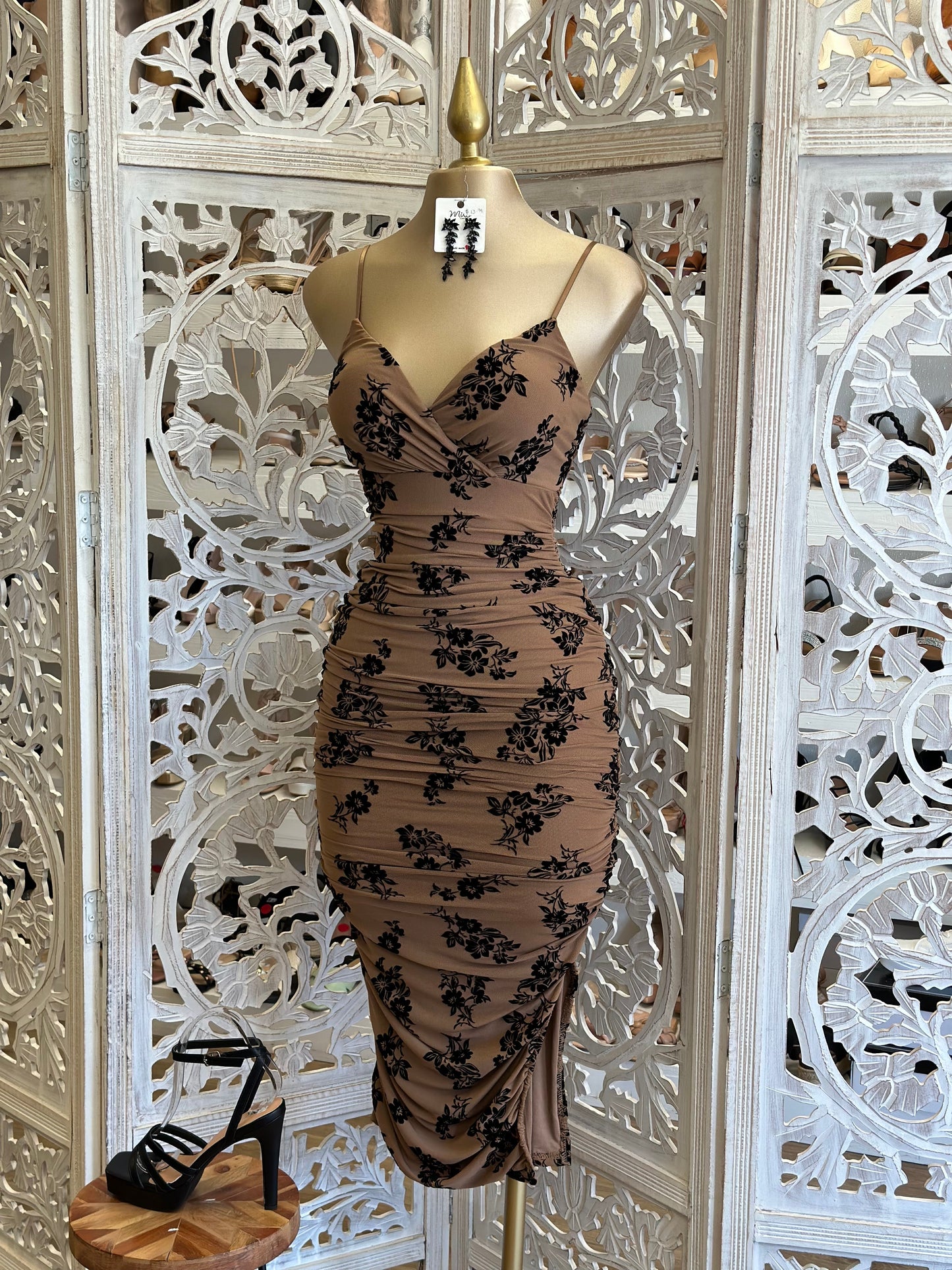 Brown Velvet Black Flower Dress