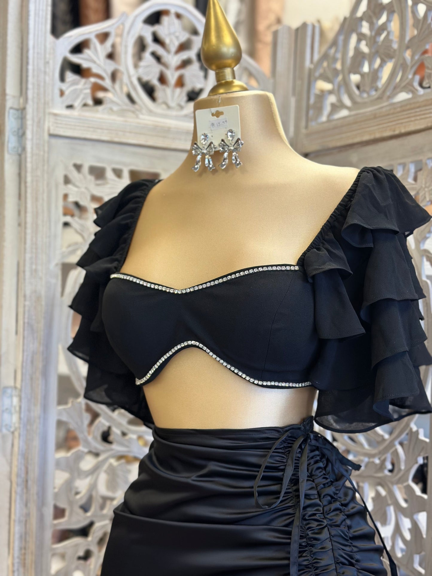 Black Ruched Sleeve Rhinestone Crop