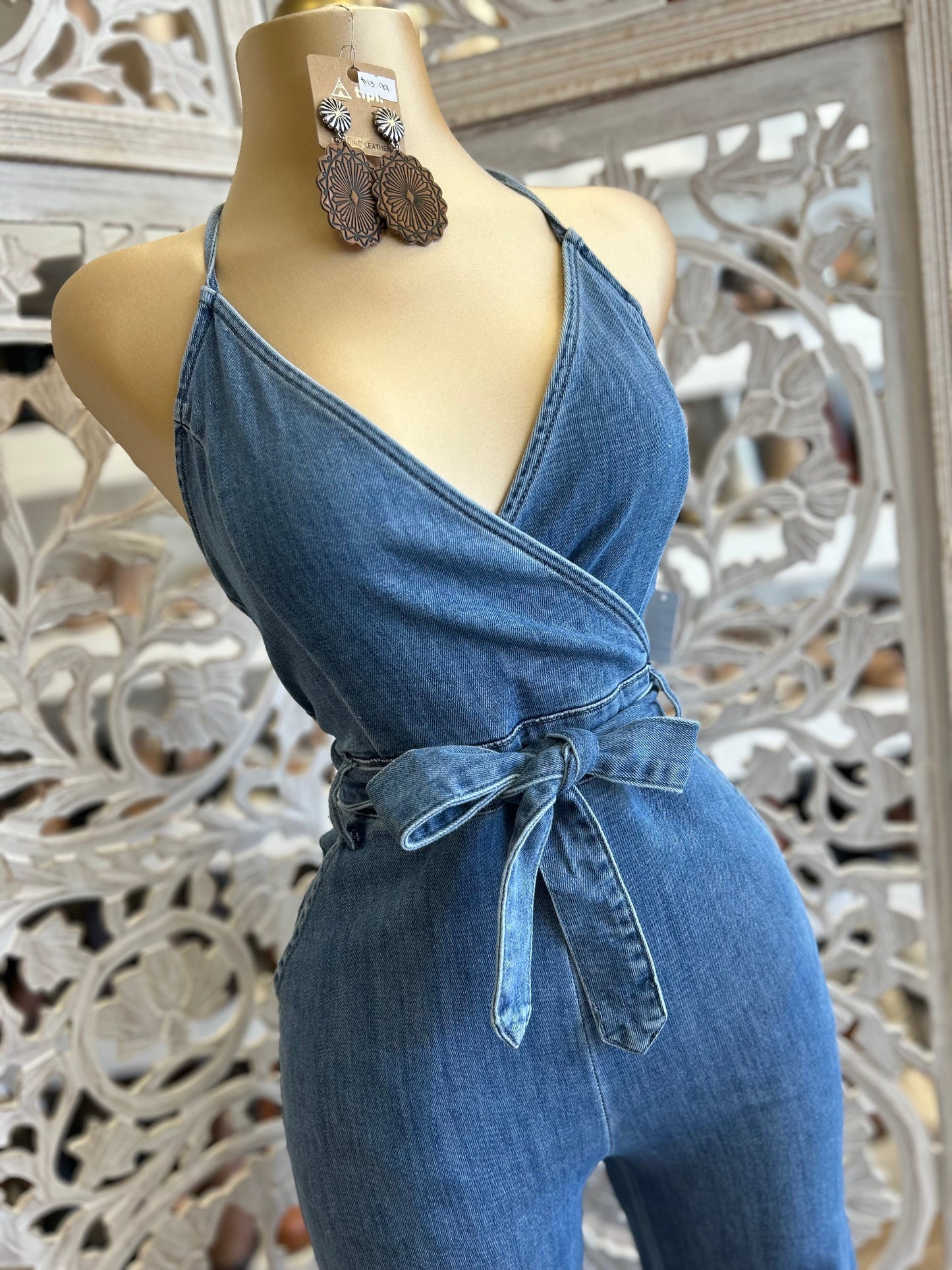 Denim Flare Backless Jumpsuit- Slightly Stretchy