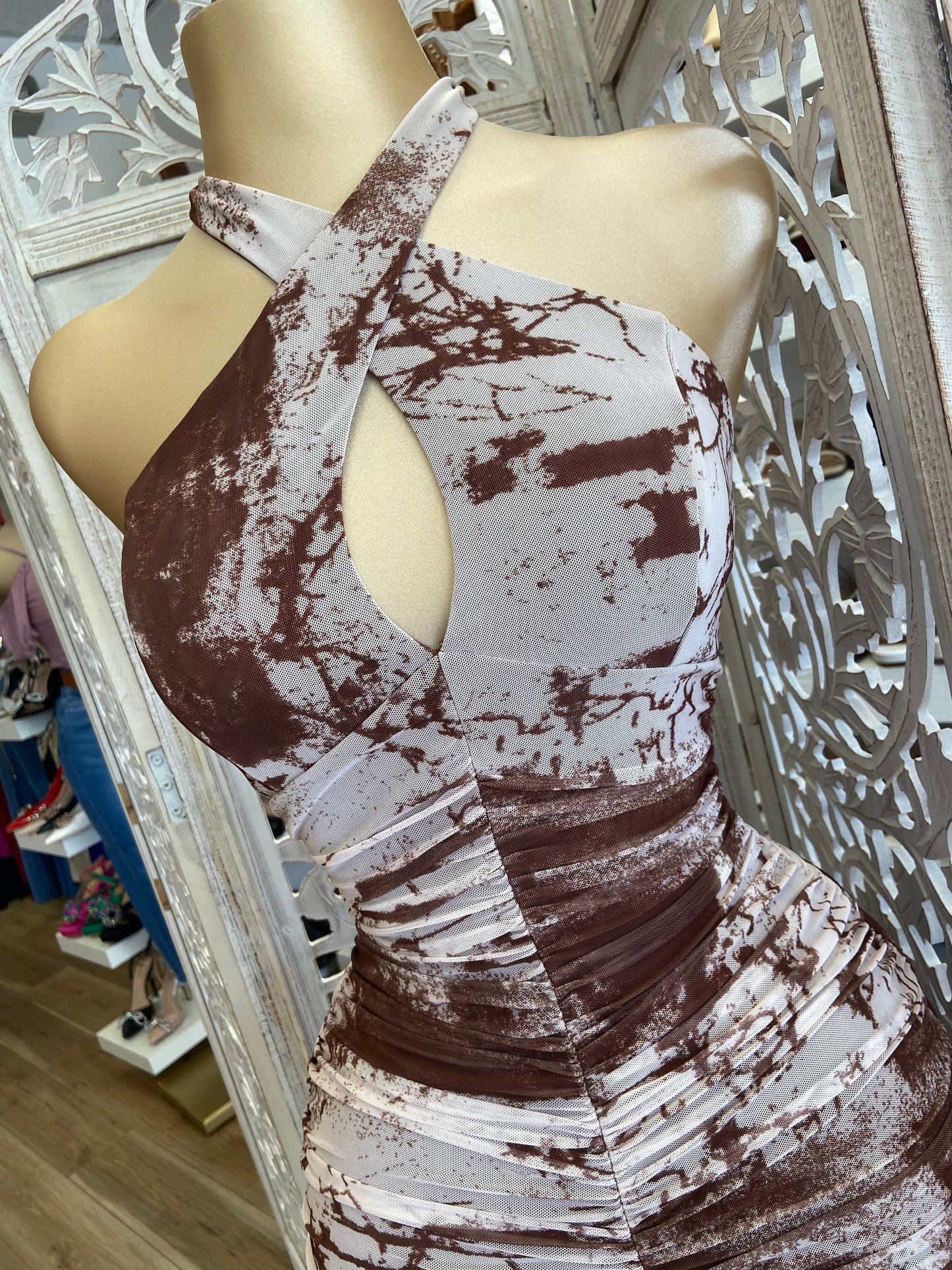 Brown Print Crossed Dress