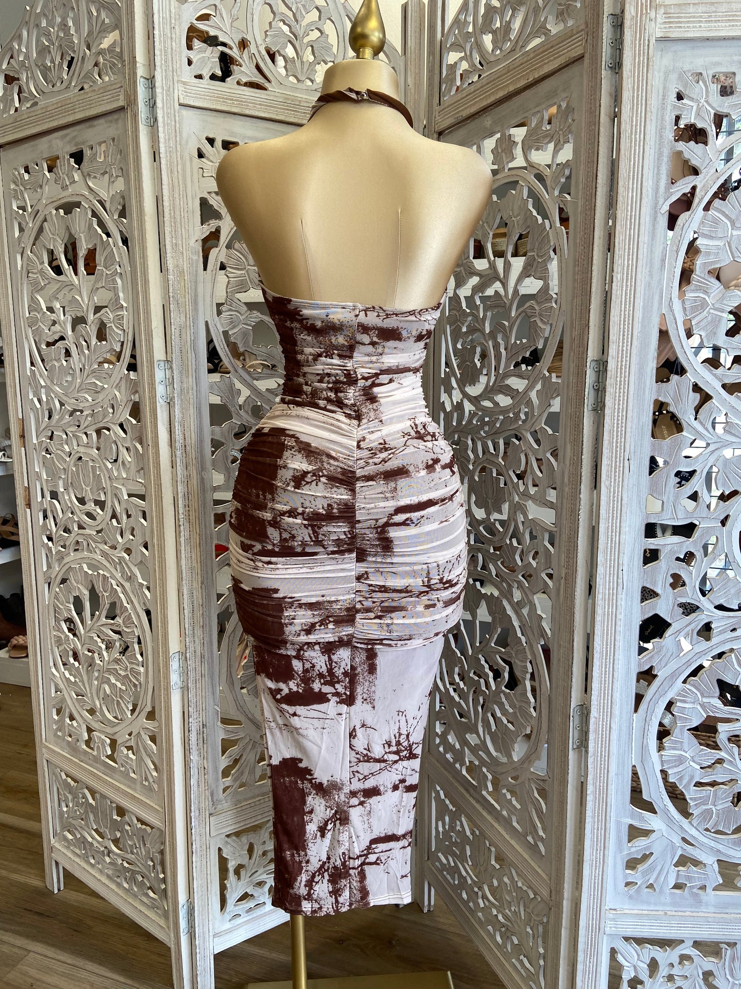 Brown Print Crossed Dress