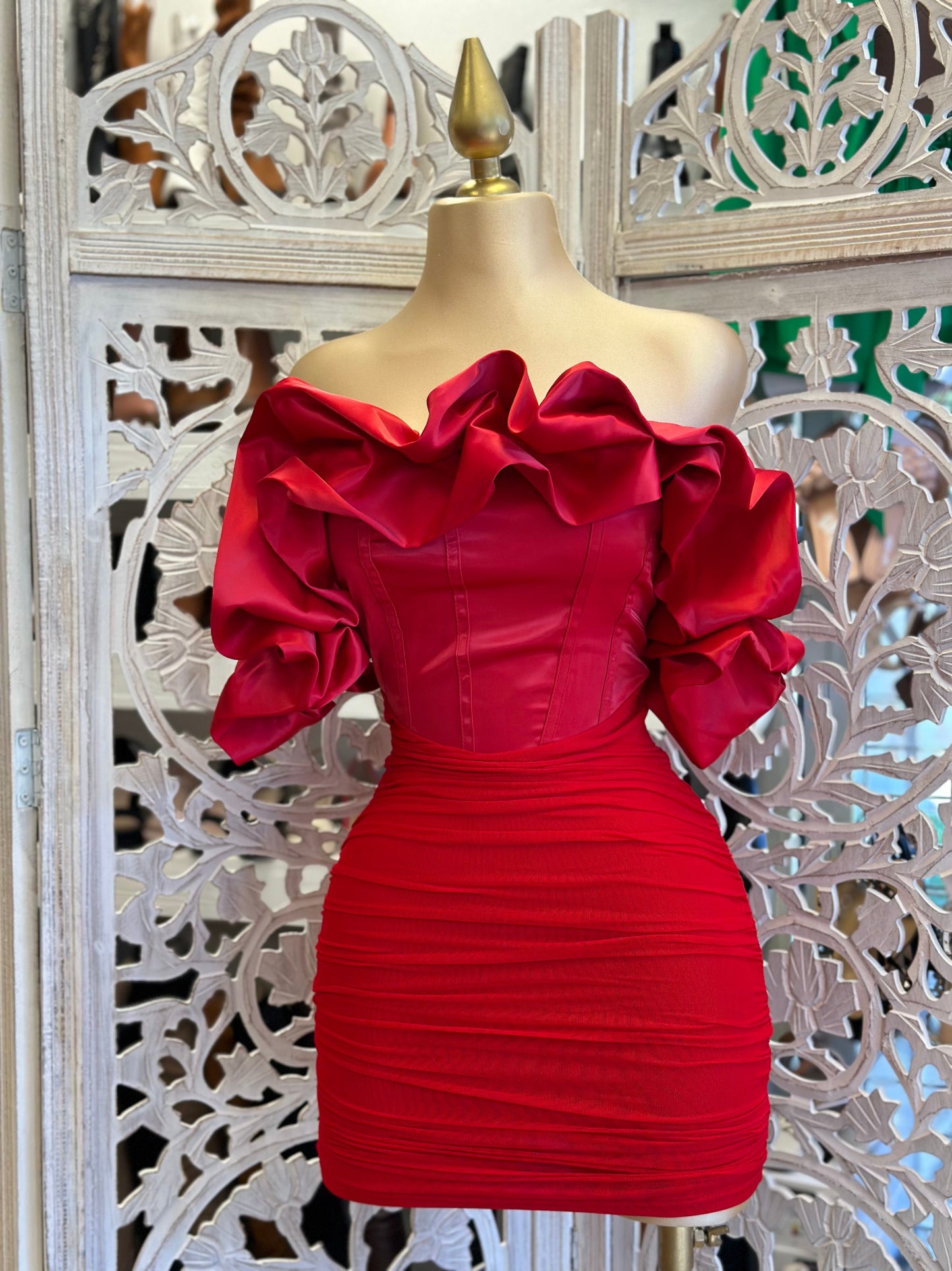 Red Satin Corset Puff Dress