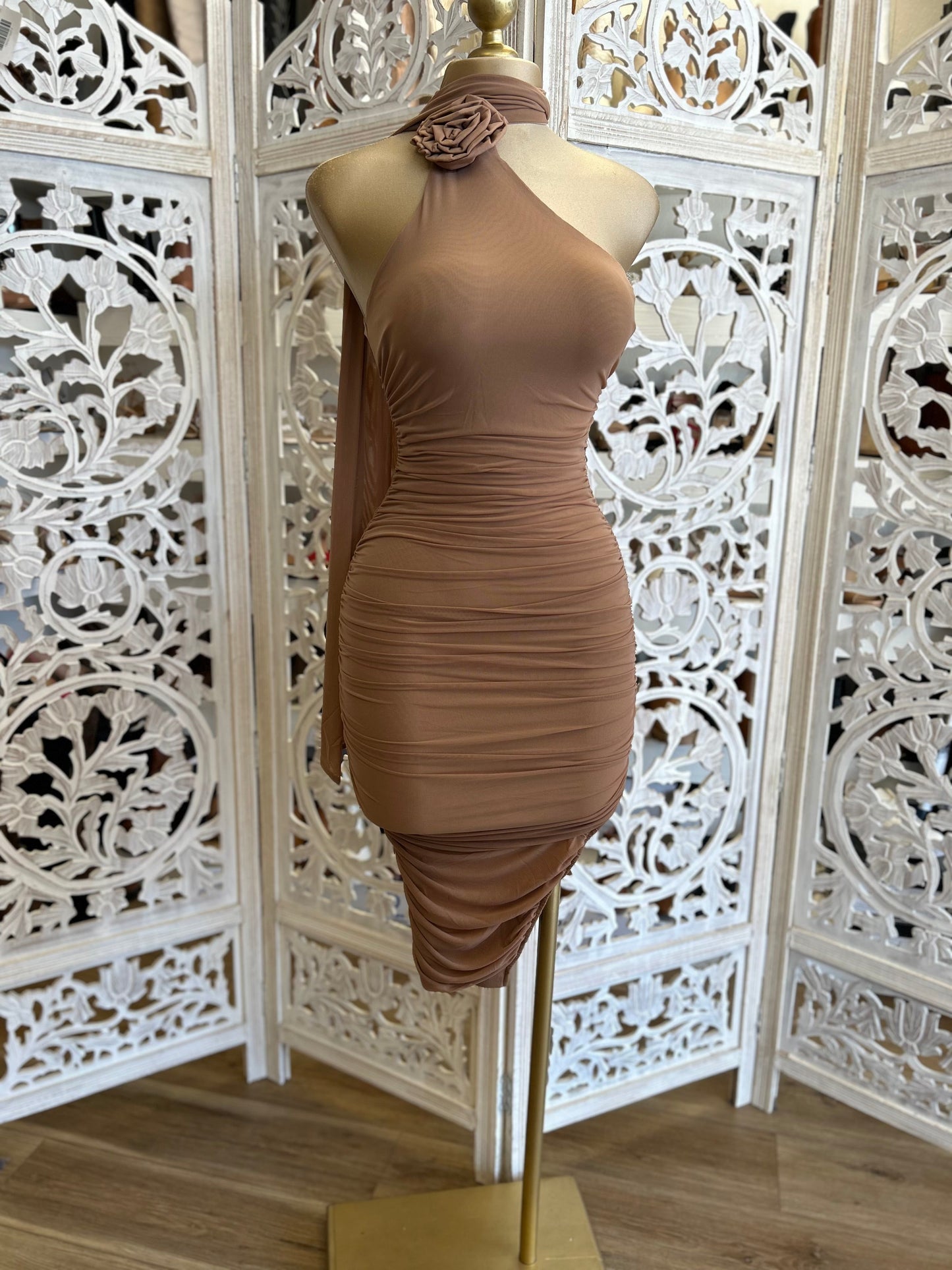 Mocha Ruched Flower Detail Dress- Stretchy