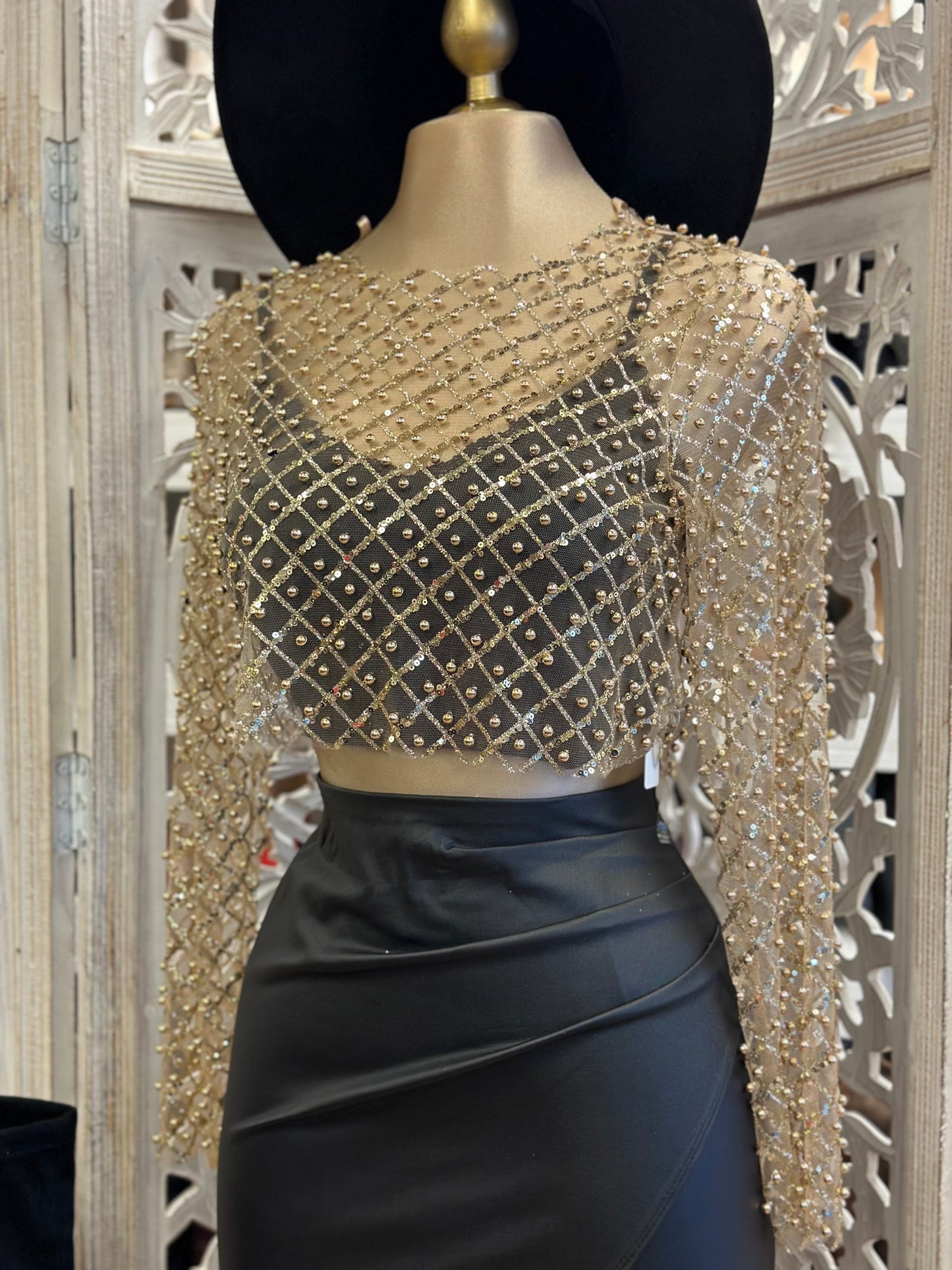 Nude Gold Mesh Rhinestone Design Blouse