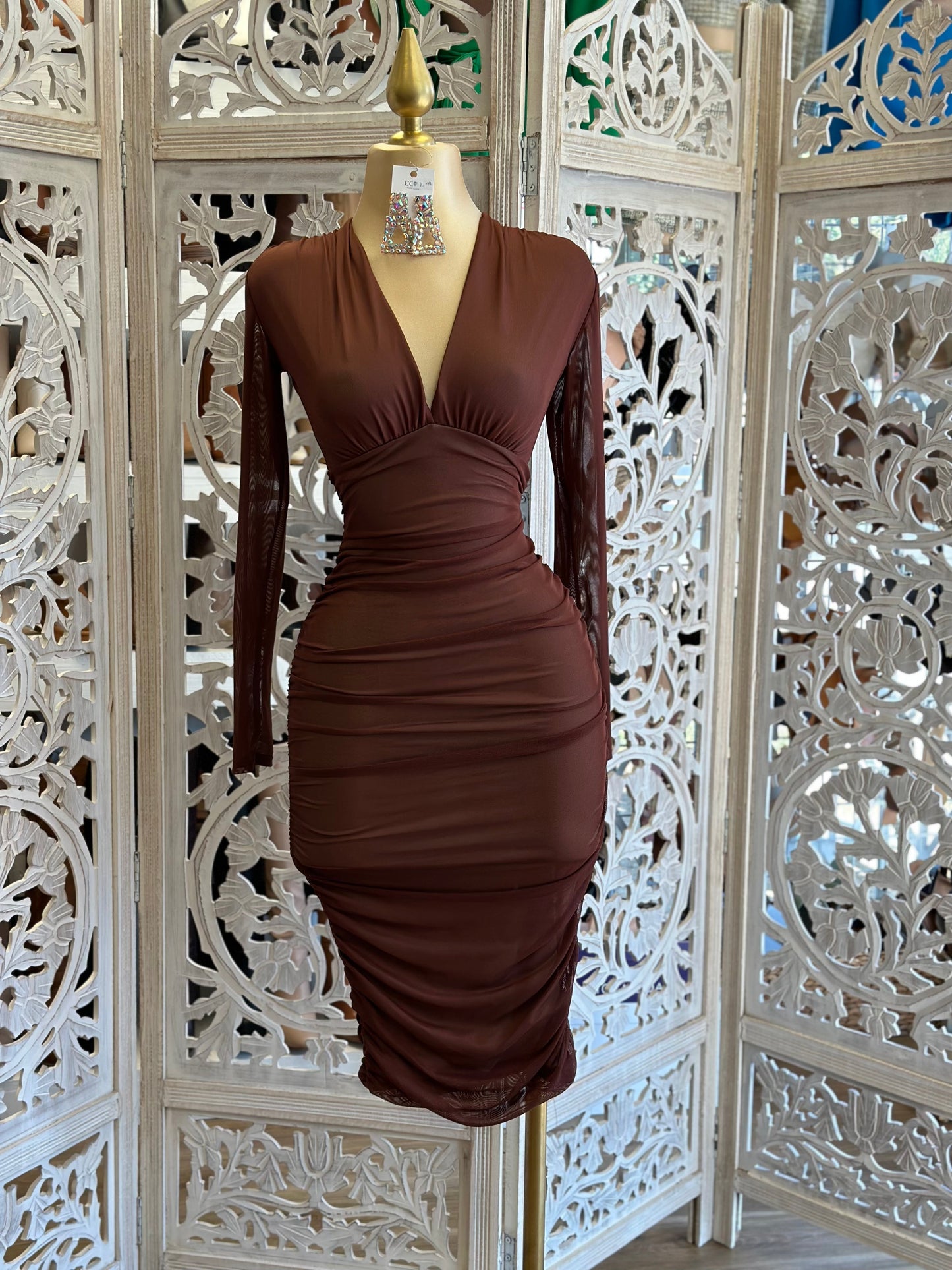 Brown Crossed Mesh Midi Dress