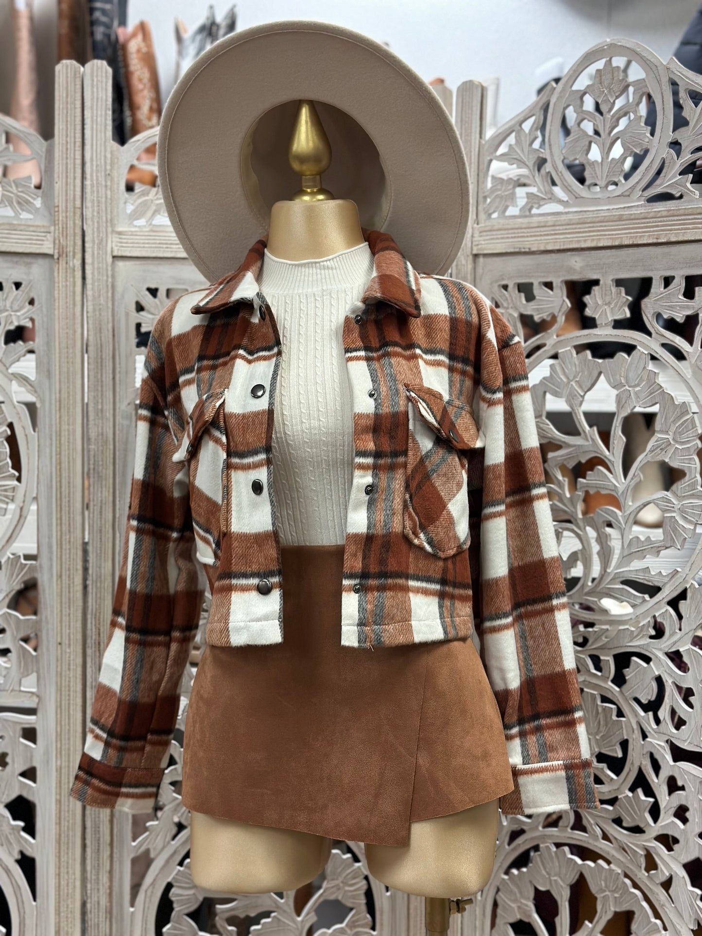 Cropped Brown Flannel Jacket with Pockets