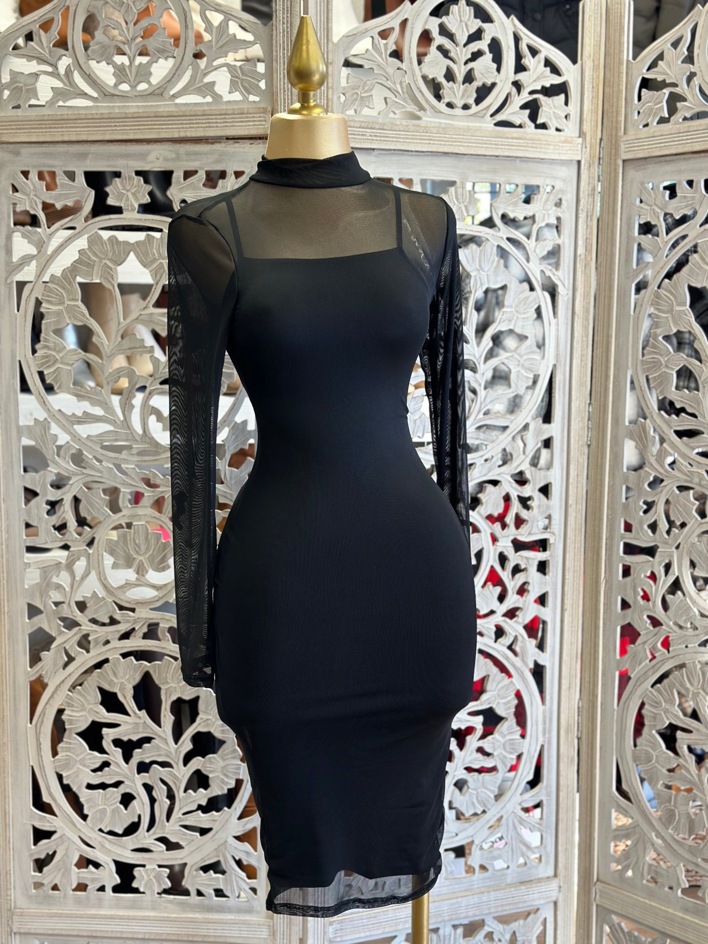 Black Mesh Mock Neck Midi Dress