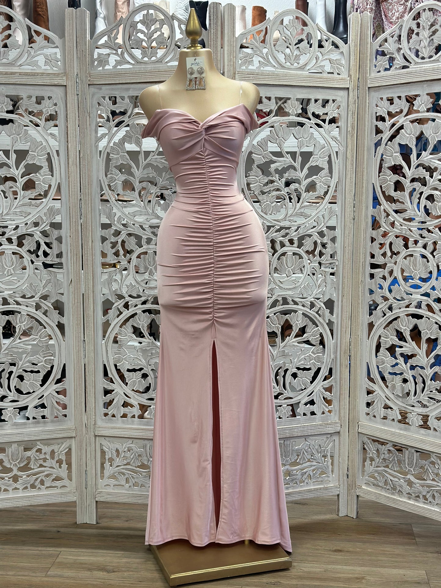 Rose Gold Ruched Off Shoulder Gown- Stretchy