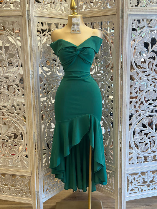 Off Shoulder Ruffle Draped Dress Hunter Green