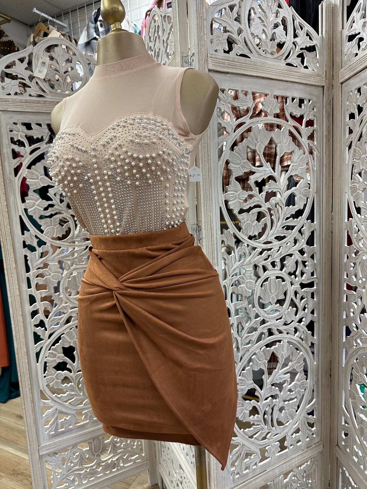 Brown Suede Knotted Skirt