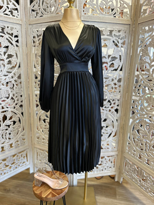 Black Satin Wrapped Pleated Dress- Not Stretchy