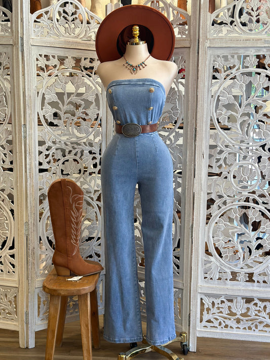 Strapless Denim Button Jumpsuit- Stretchy