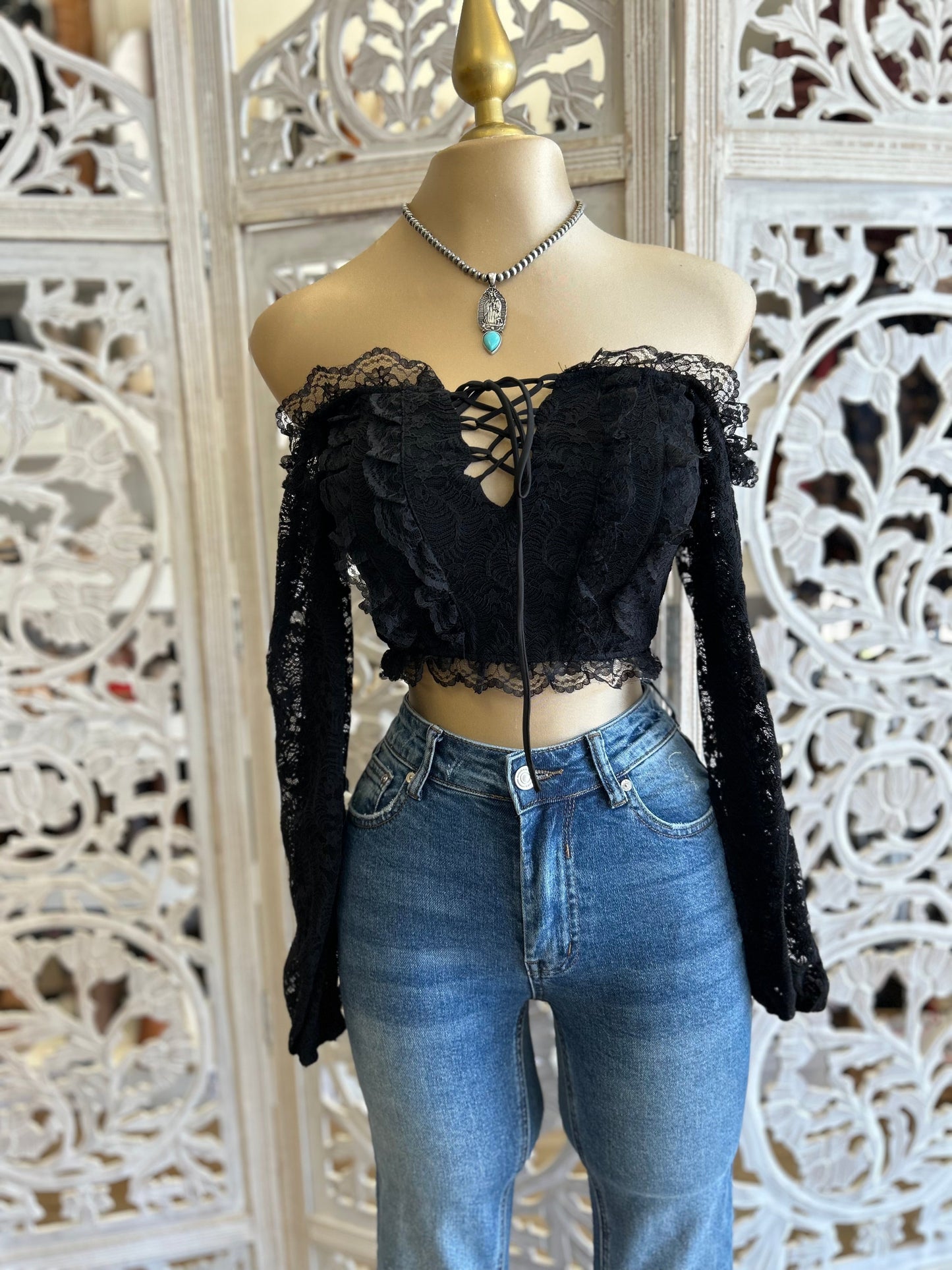 Black Lace Tie Up Off Shoulder Crop