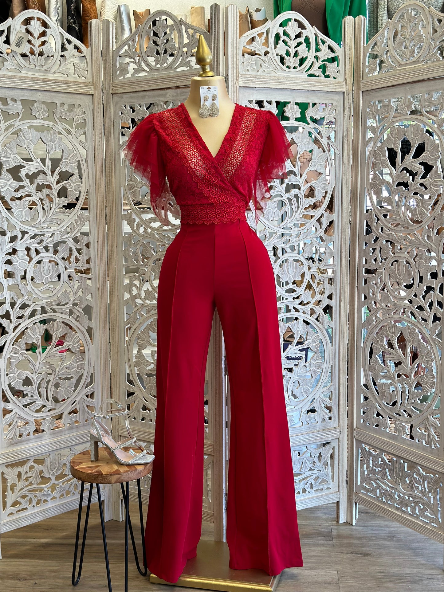 Red Tulle Sleeve Jumpsuit