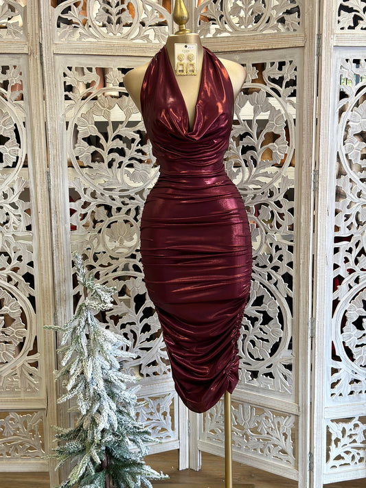 Shiny Cowl Neck Mini Dress