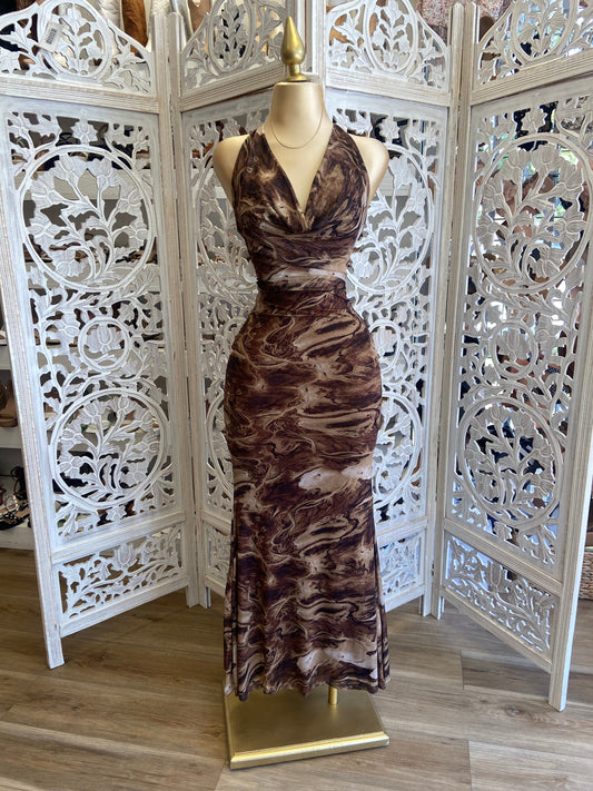 Tie Dye Cowl Neck Brown Dress