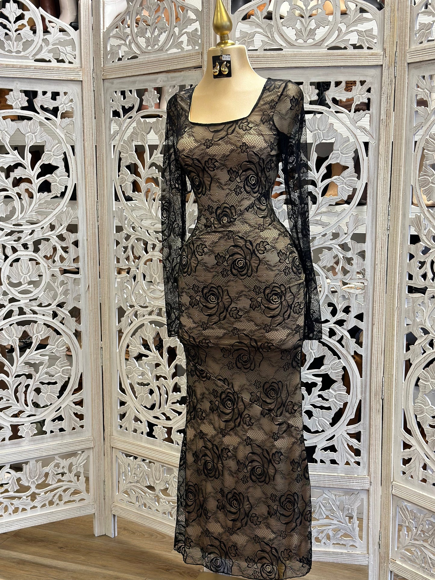 Black Lace Nude Maxi Dress Stretchy