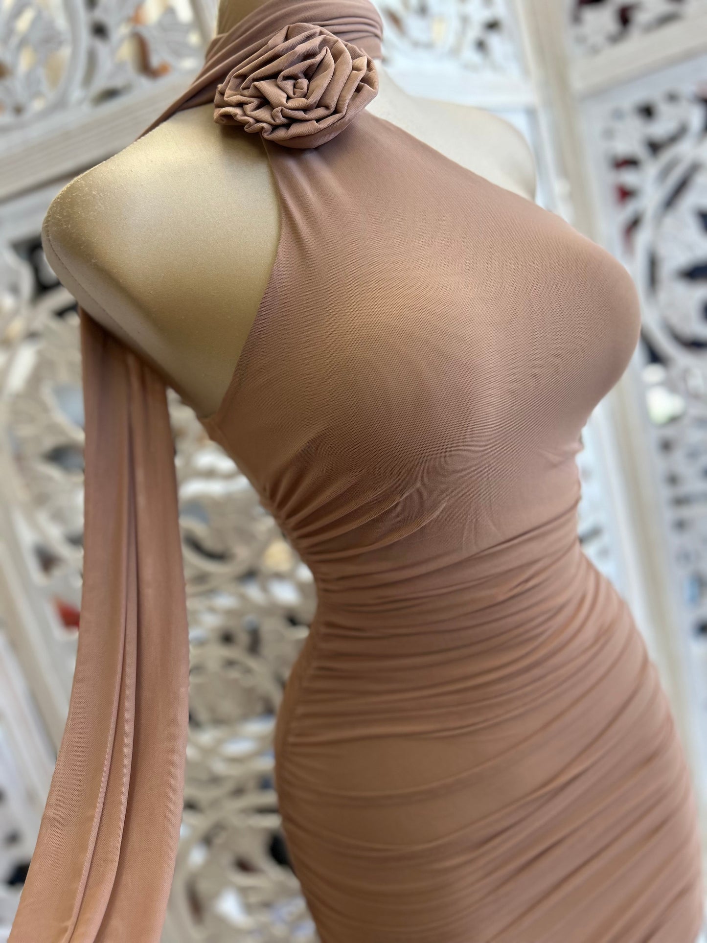 Mocha Ruched Flower Detail Dress- Stretchy